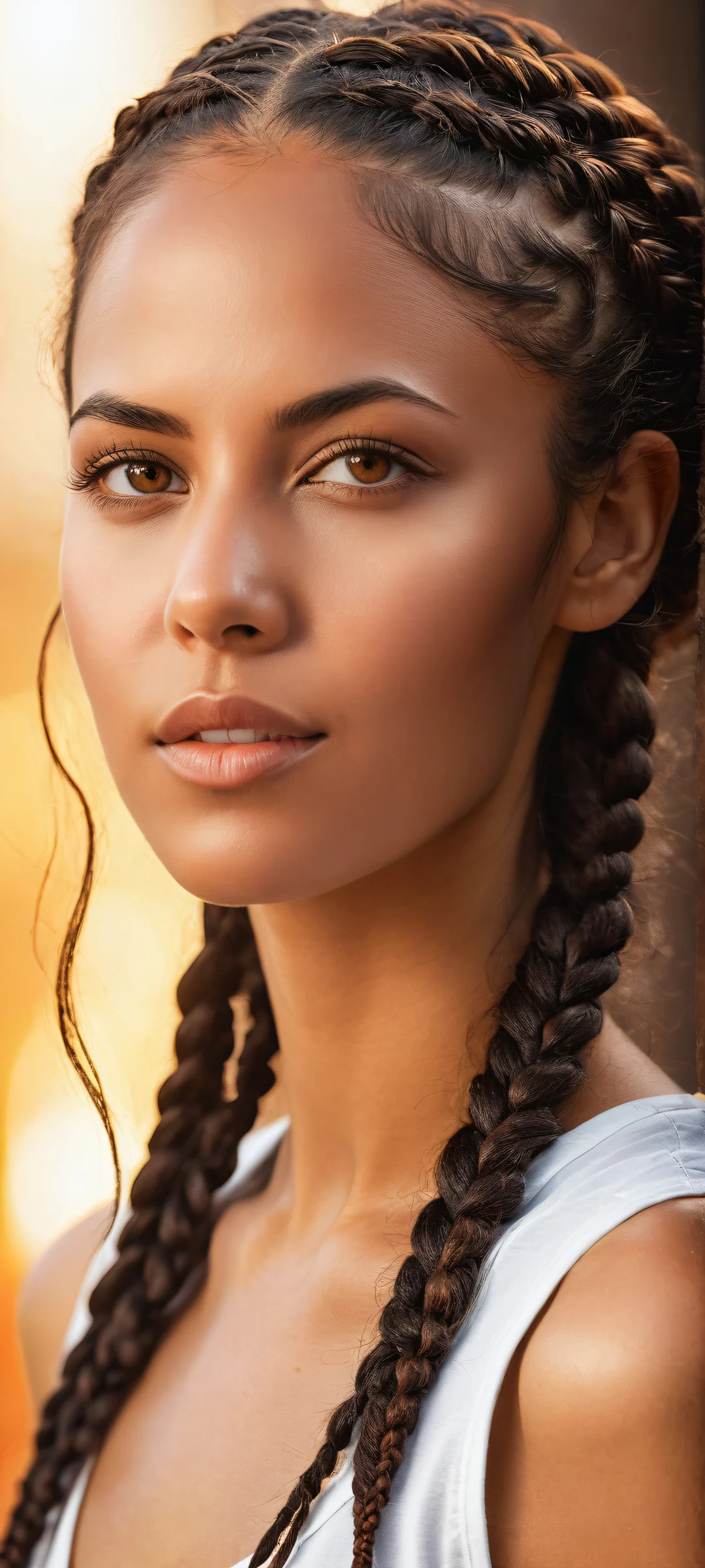 Stunning brunette model Donita looking directly at the viewer on an iPhone or Android device, with intricate braids and brown eyes.