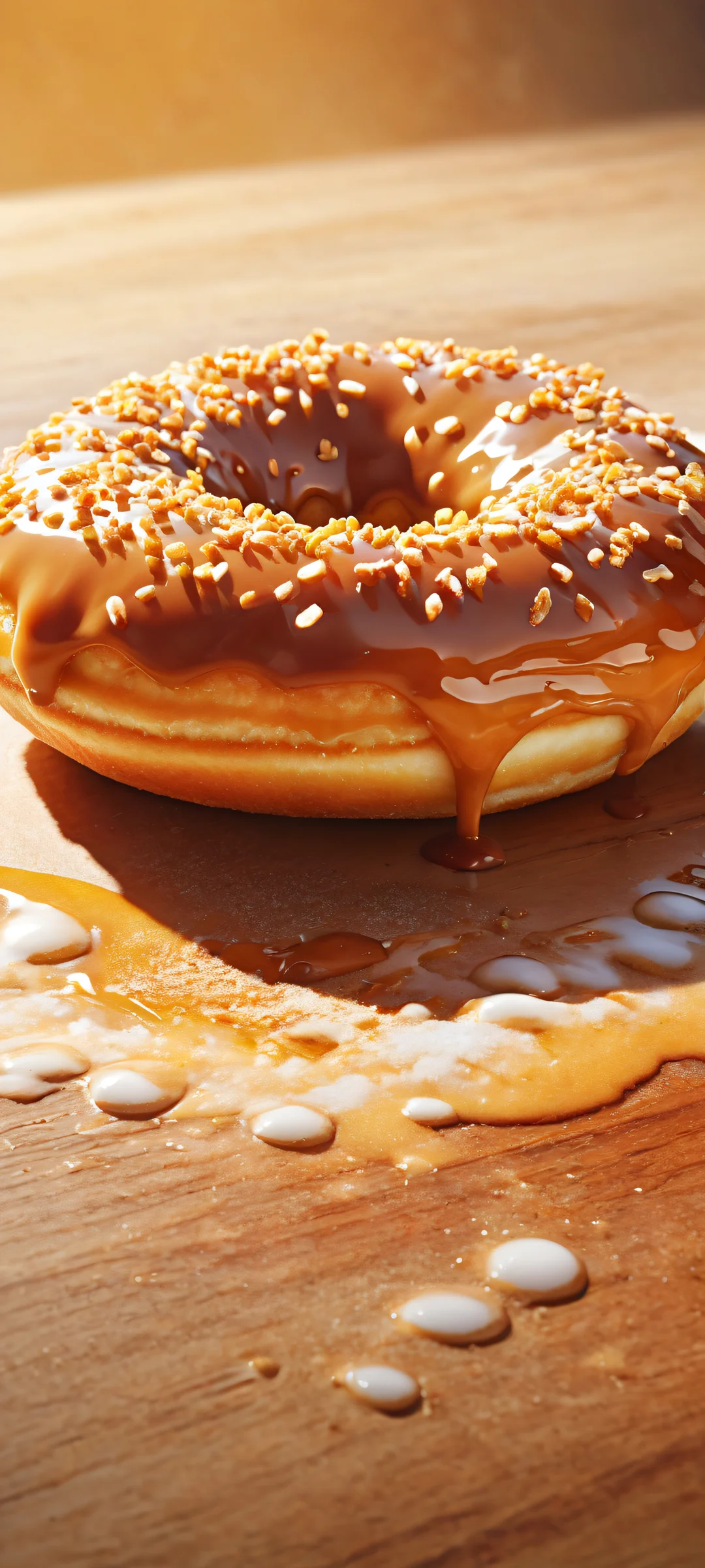 A donut oasis on a wooden surface, perfectly clean top half and radiant colors for iPhone/Android home screens.