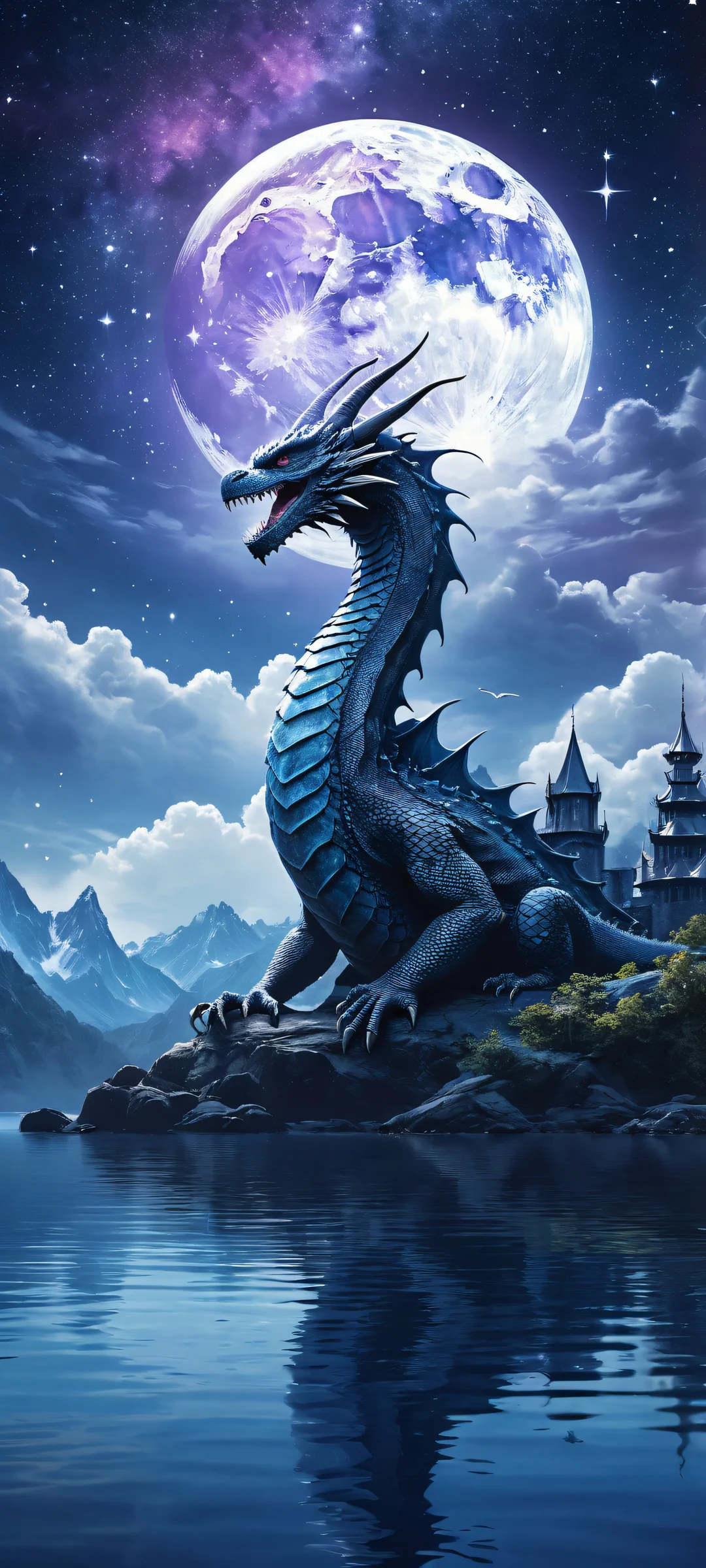 A majestic dragon swimming through the night sky with a serene lake and starry reflection, perfeito para telas iniciais de iPhone/Android.