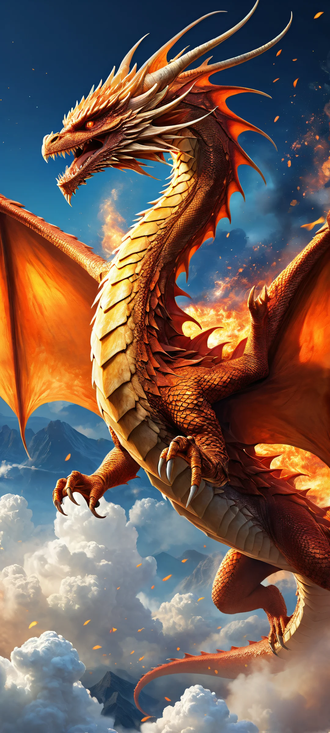 Majestic dragon soaring through a swirling vortex of clouds and fireballs on iPhone/Android.