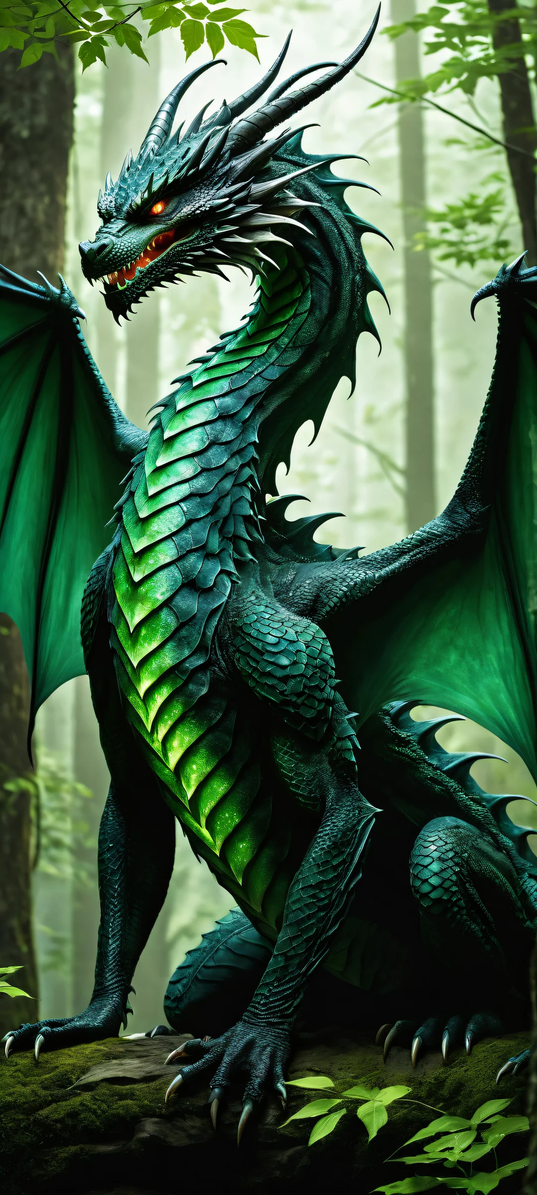A majestic dragon guarding a serene forest scene on an iPhone or Android device. The transparent dragon's body glows with green leaves, surrounded by perfect darkness.