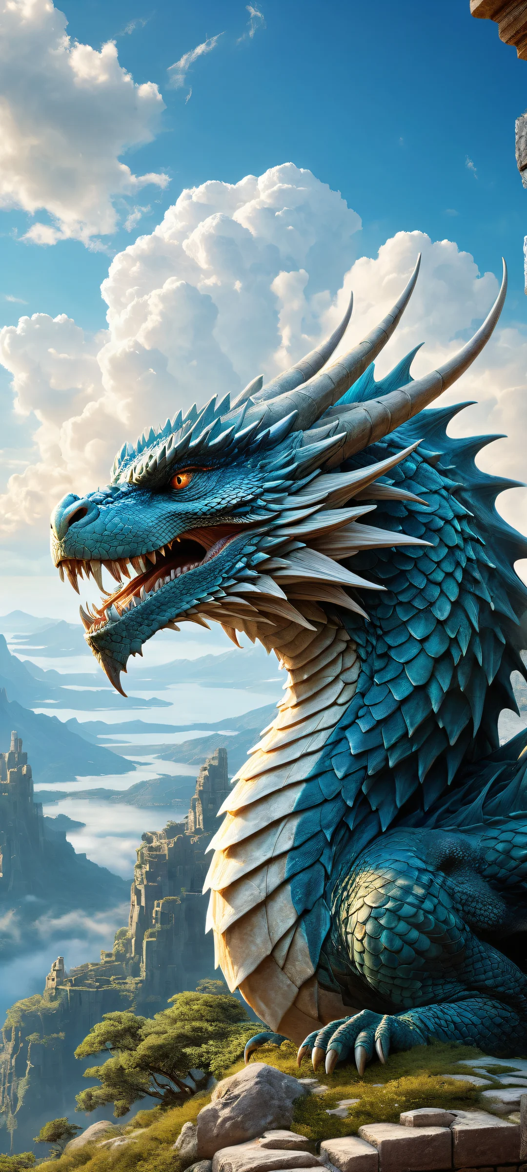 A majestic dragon's head amidst ancient ruins on a vast fantasy landscape, perfeitamente otimizado para telas iniciais de iPhone e Android.