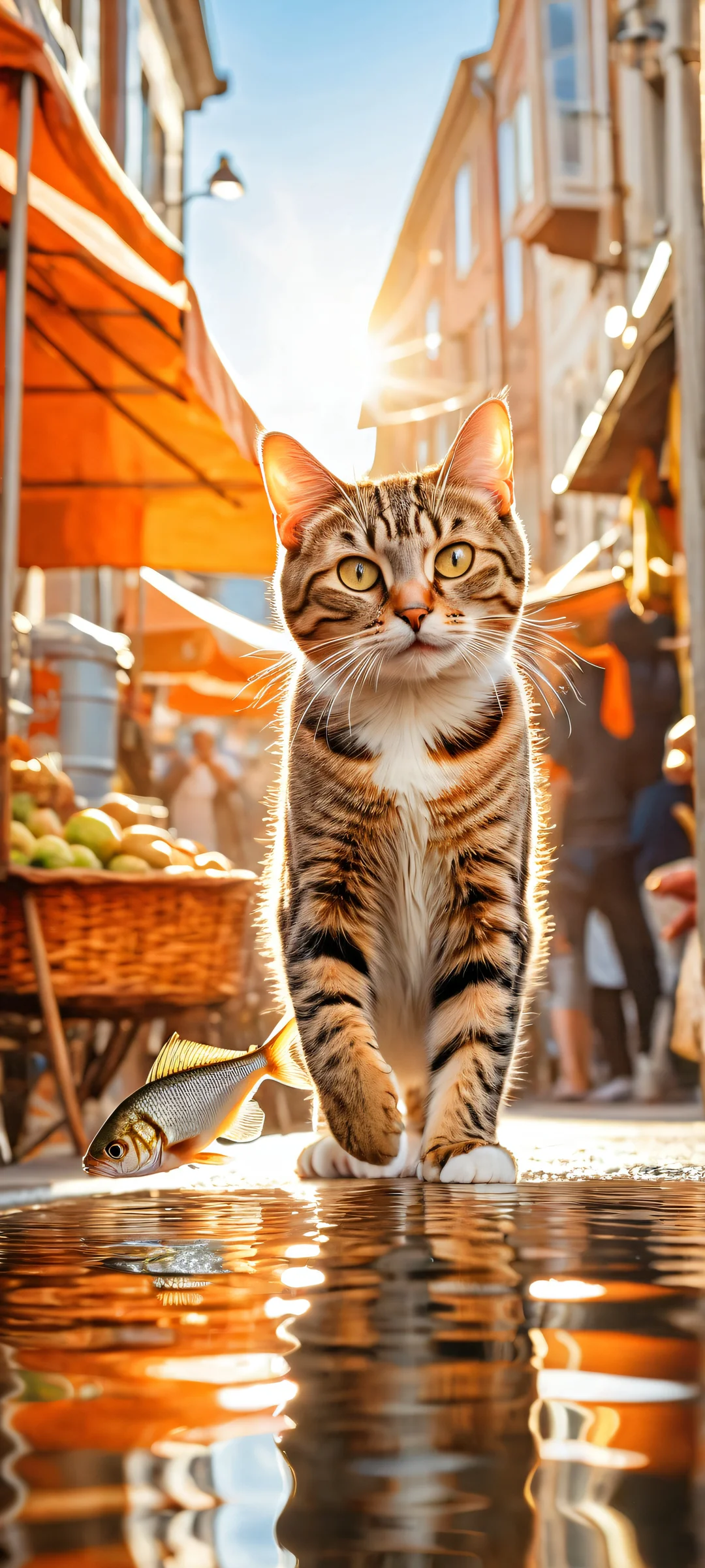 A young tabby cat running on two legs, dramatically hugging a large silver fish. Parfaitement optimisé pour iPhone, SamsungGalaxy, et écrans d'accueil Android.