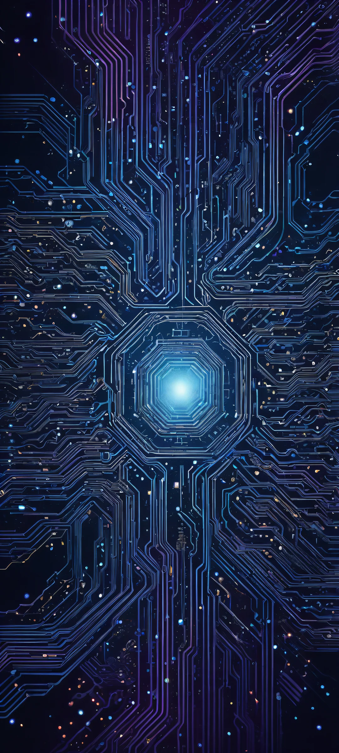 iPhone and Android users will be mesmerized by this breathtaking vertical portrait of Dreadful Circuits, perfectly optimized for home screens with dark blues, purples, and metallic tones.
