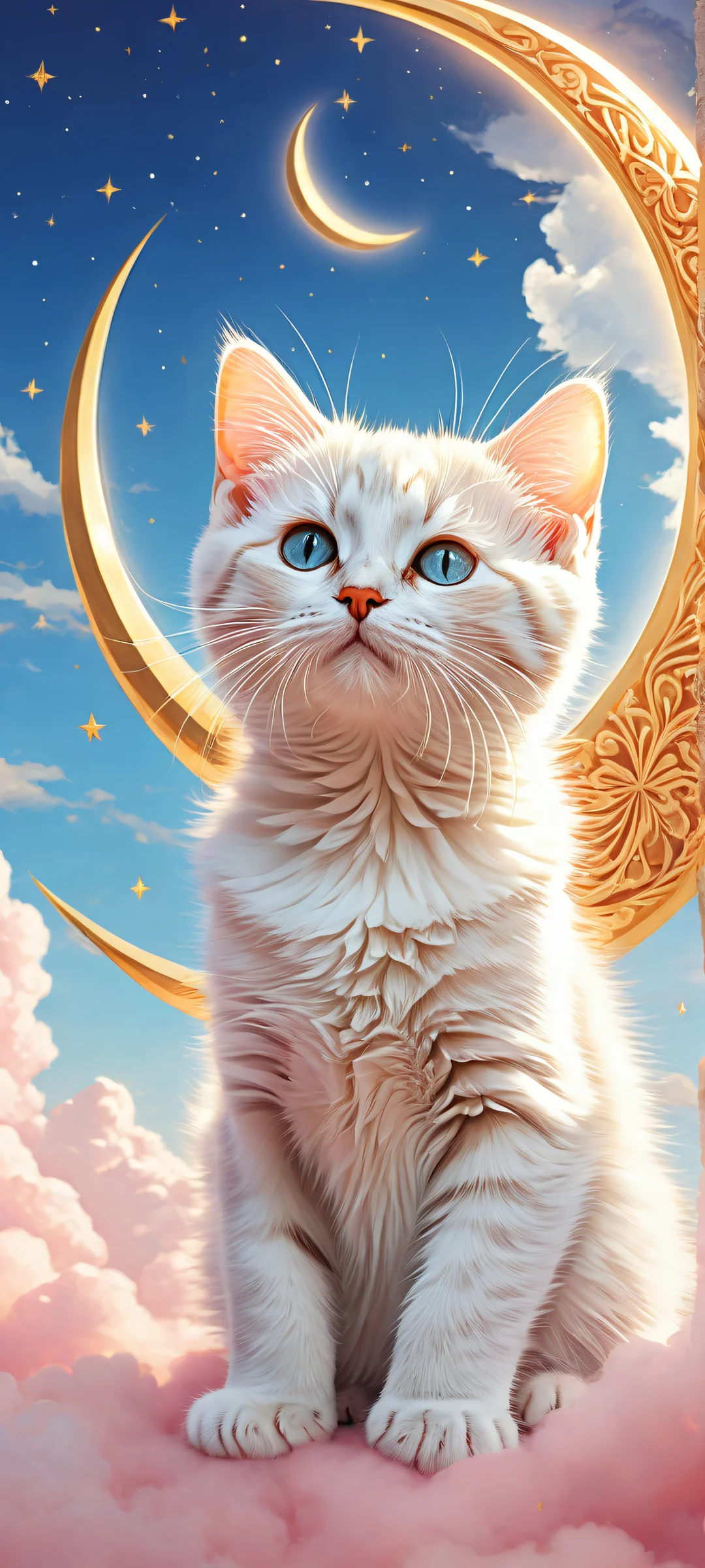 A dreamy kitten's inner world with crescent moon, white clouds, and shooting stars on a featureless background. Perfeito para telas iniciais de iPhone/Android.