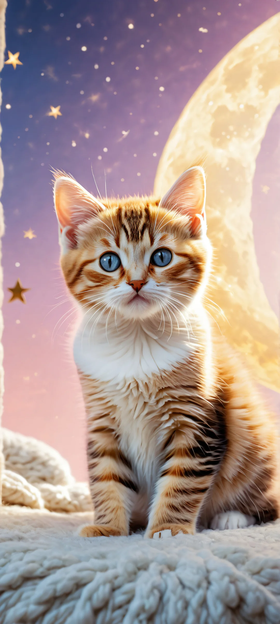 A dreamy kitten in a crescent moon body, surrounded by white fluffy clouds and gold dusted shooting stars. Perfect for iPhone/Android home screens.