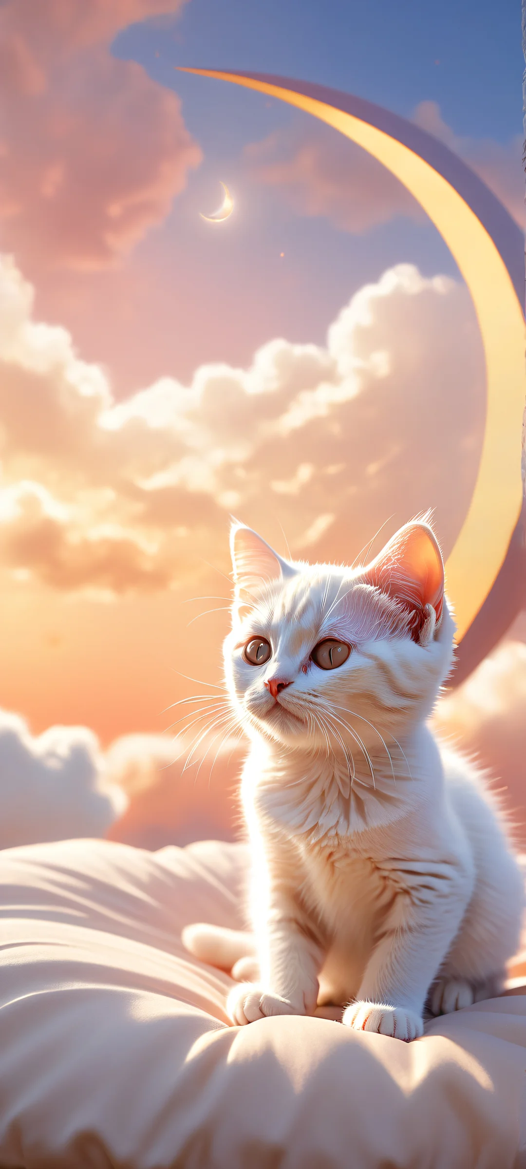 A serene iPhone/Android wallpaper featuring a dreamy kitten surrounded by celestial wonders and a soft, fluffy cat bed.