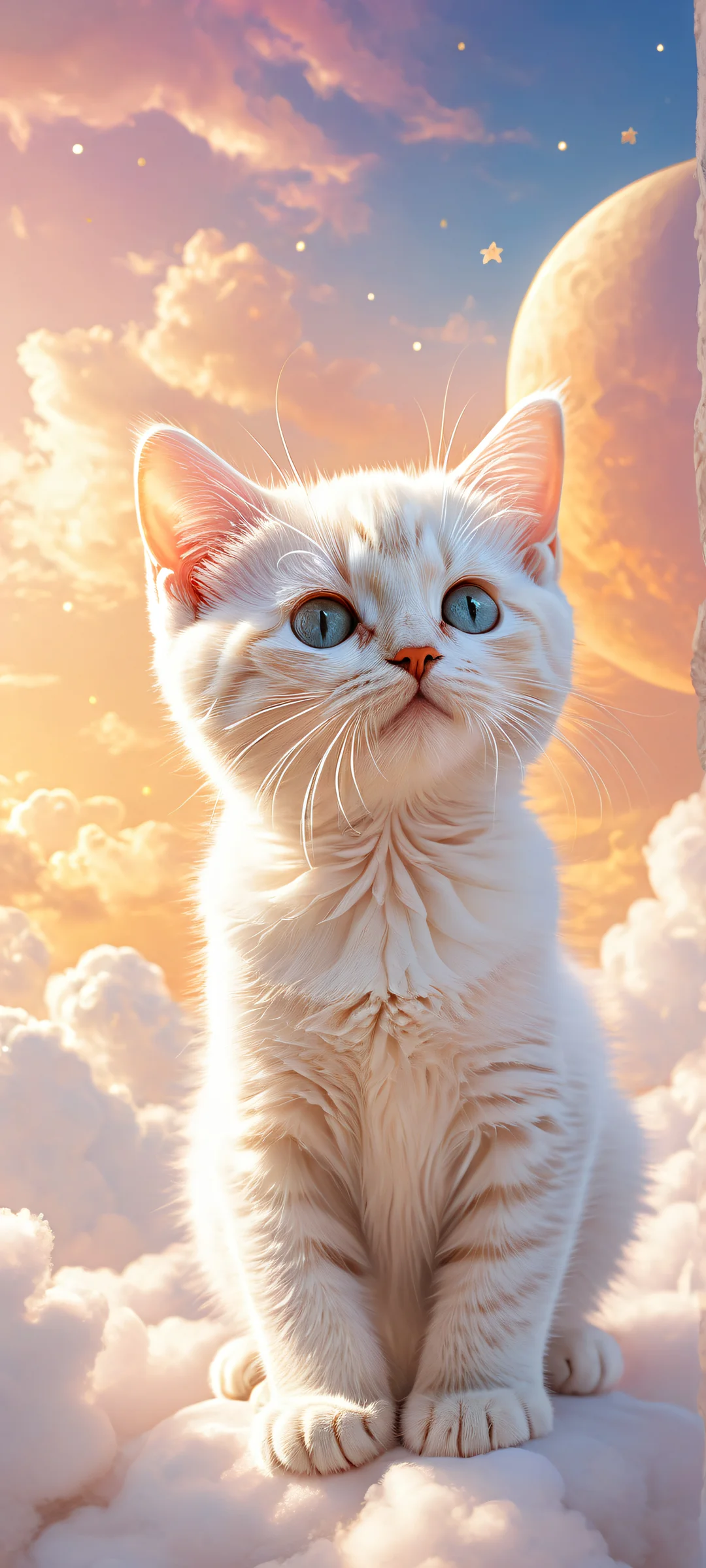Usuário de iPhone e Android, behold the majestic beauty of a dreamy kitten amidst swirling clouds, shining stars, and a radiant crescent moon - an award-winning digital art masterpiece