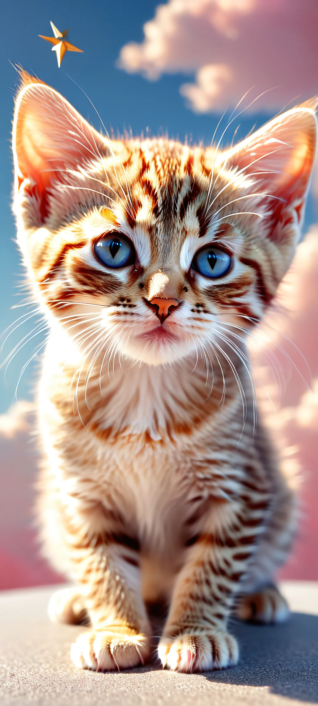 A dreamy kitten outline against a soft cloudy night sky with shooting stars and gold dust, perfekt für iPhone/Android-Startbildschirme.