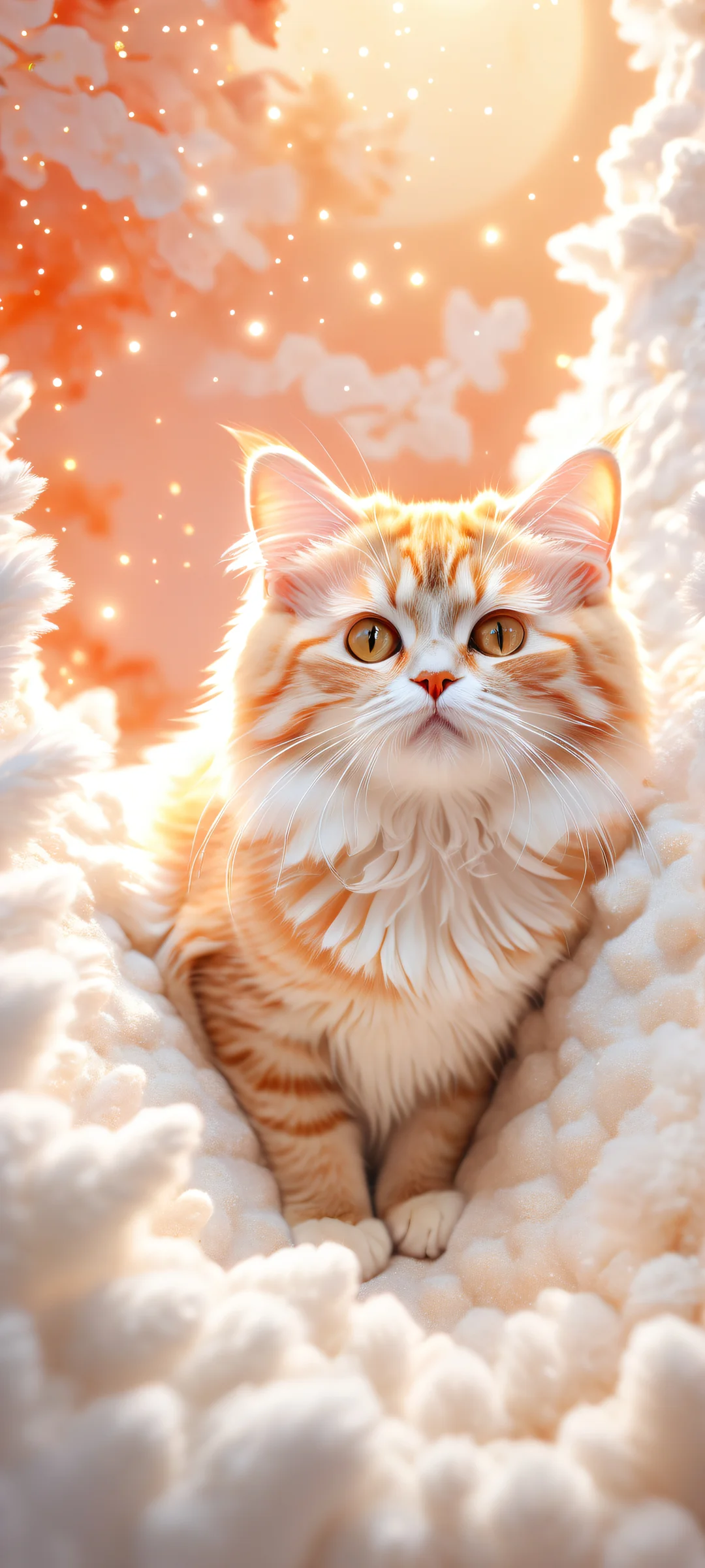 A serene iPhone and Android wallpaper featuring a dreamy kitten surrounded by the beauty of the night sky, with crescent moon, fluffy clouds, and shooting stars.