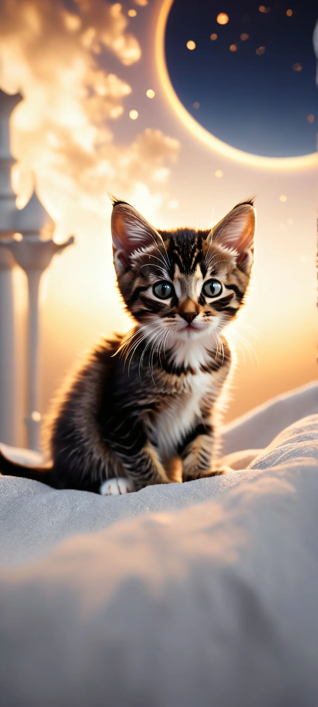 Dreamy Kitten Oasis 2K Phone Wallpaper A serene iPhone and Android mobile wallpaper featuring a dreamy kitten surrounded by bokeh designs, crescent moon-inspired details, and a soft cat bed. Perfect for dark mode enthusiasts.