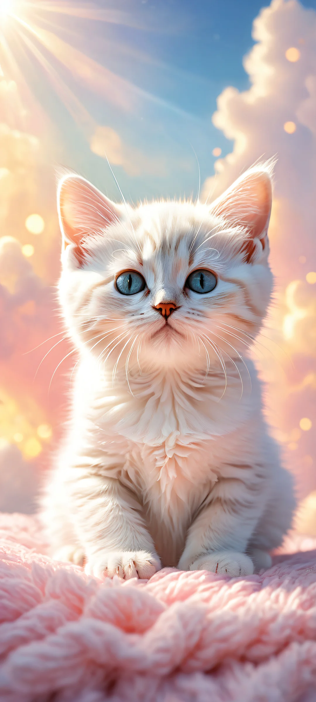 A serene dreamy kitten sits in a soft cat bed amidst fluffy clouds and curved bokeh paints on an iPhone/Android home screen.