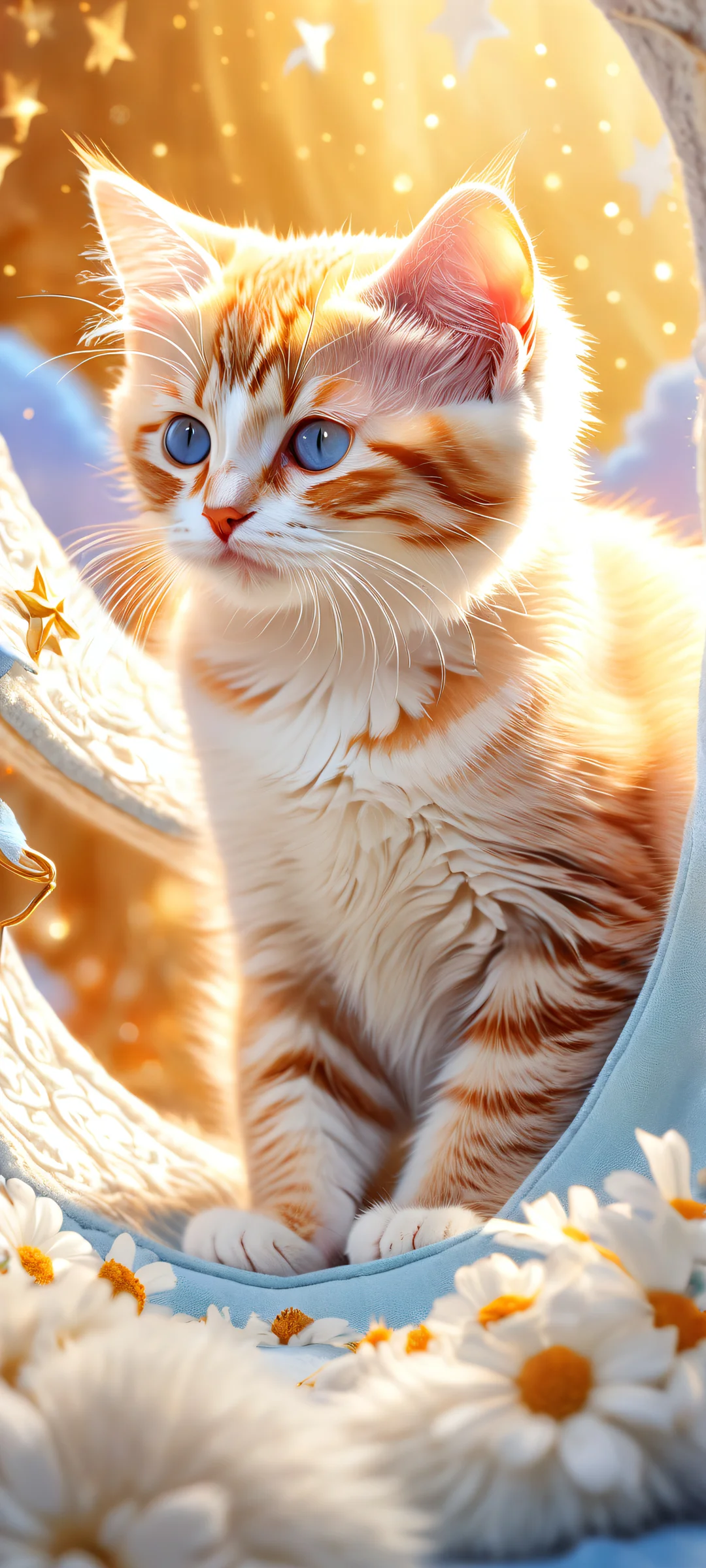 A dreamy kitten sleeping under the light of a crescent moon, surrounded by white fluffy clouds and gold dusted shooting stars. Suitable for iPhone/Android home screens.