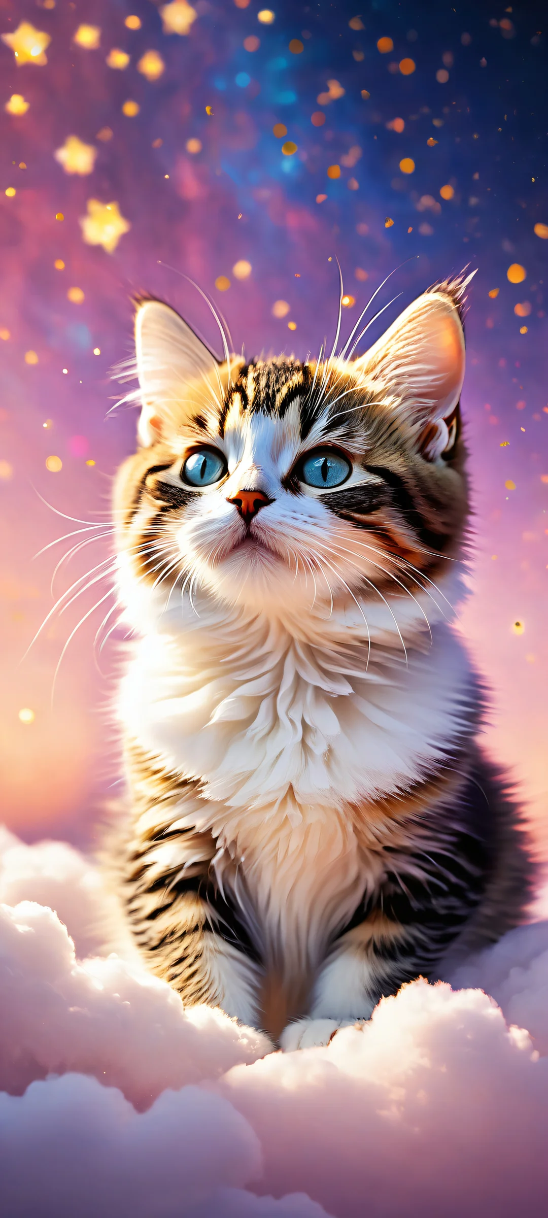 Dreamy Kitten's Celestial Adventure 2K Phone Wallpapere telas iniciais do AndroidGaláxia SamsungPerfeitamente otimizado para iPhone A dreamy kitten surrounded by a celestial wonderland featuring micro-details of a crescent moon, white fluffy clouds, and gold-dusted shooting stars. Perfectly optimized for iPhone, Samsung Galaxy, and Android home screens.