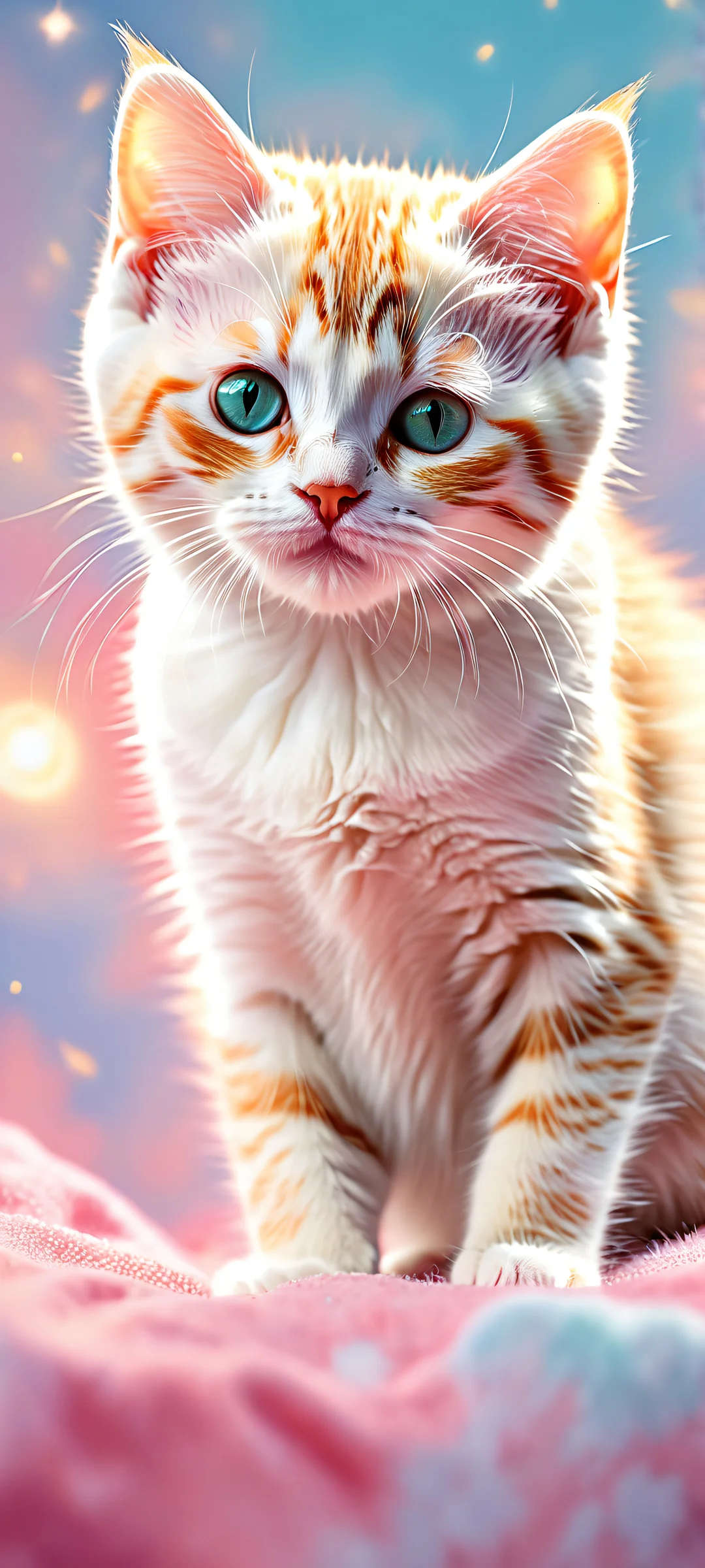 Dreamy Kitten's Cosmic Sanctuary 2K Mobile Background A featureless kitten surrounded by bokeh colorful paints, fluffy clouds, and gold-dusted shooting stars. Perfectly optimized for iPhone and Android home screens.