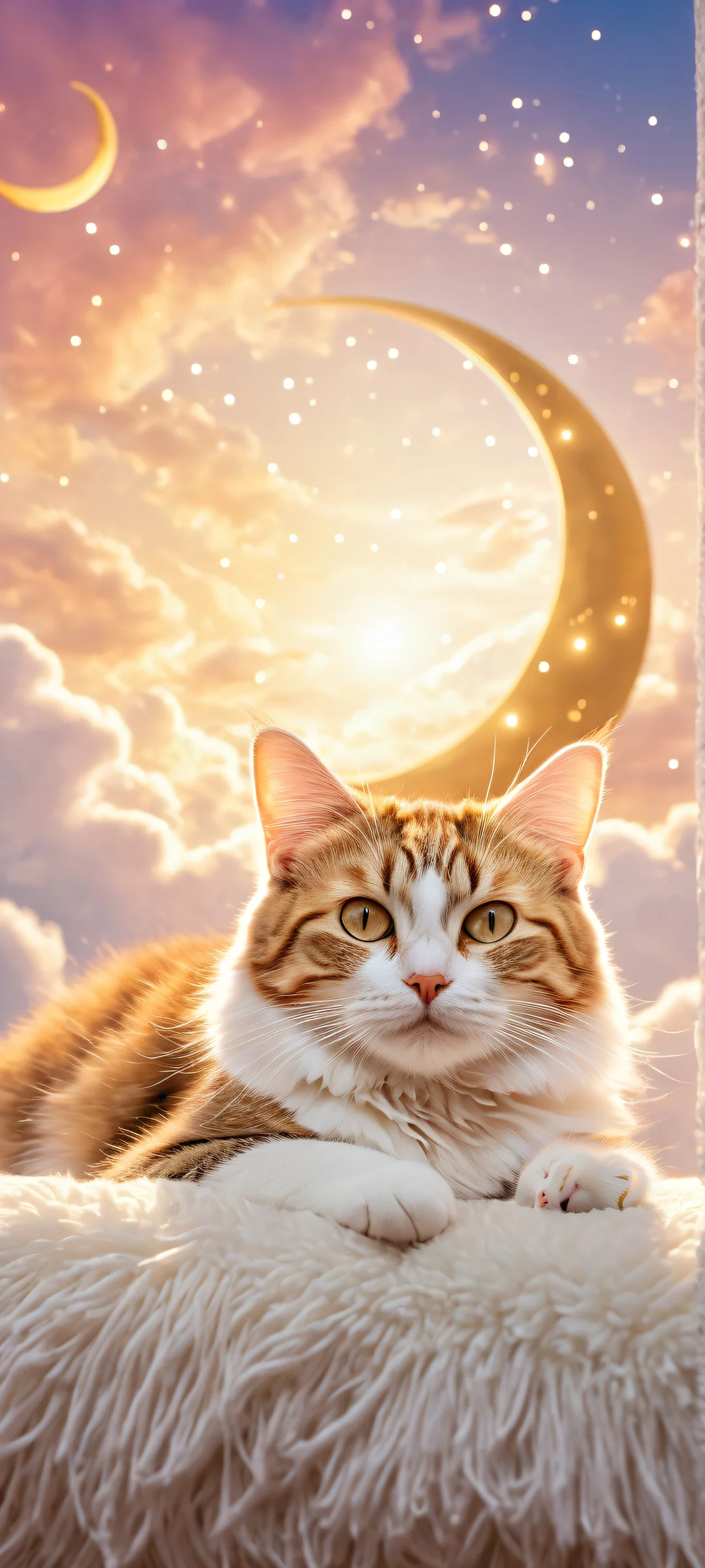 A serene Dreamy Kitten sleeping peacefully in a soft fuzzy cat bed, surrounded by swirling clouds and shimmering star trails against a vast pure void, perfectly optimized for iPhone and Android home screens.
