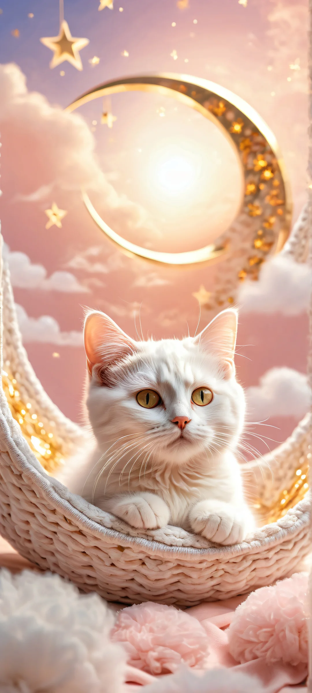 A serene dreamy kitten sleeping in its cat bed under a crescent moon, stars, and fluffy clouds on an iPhone/Android home screen.