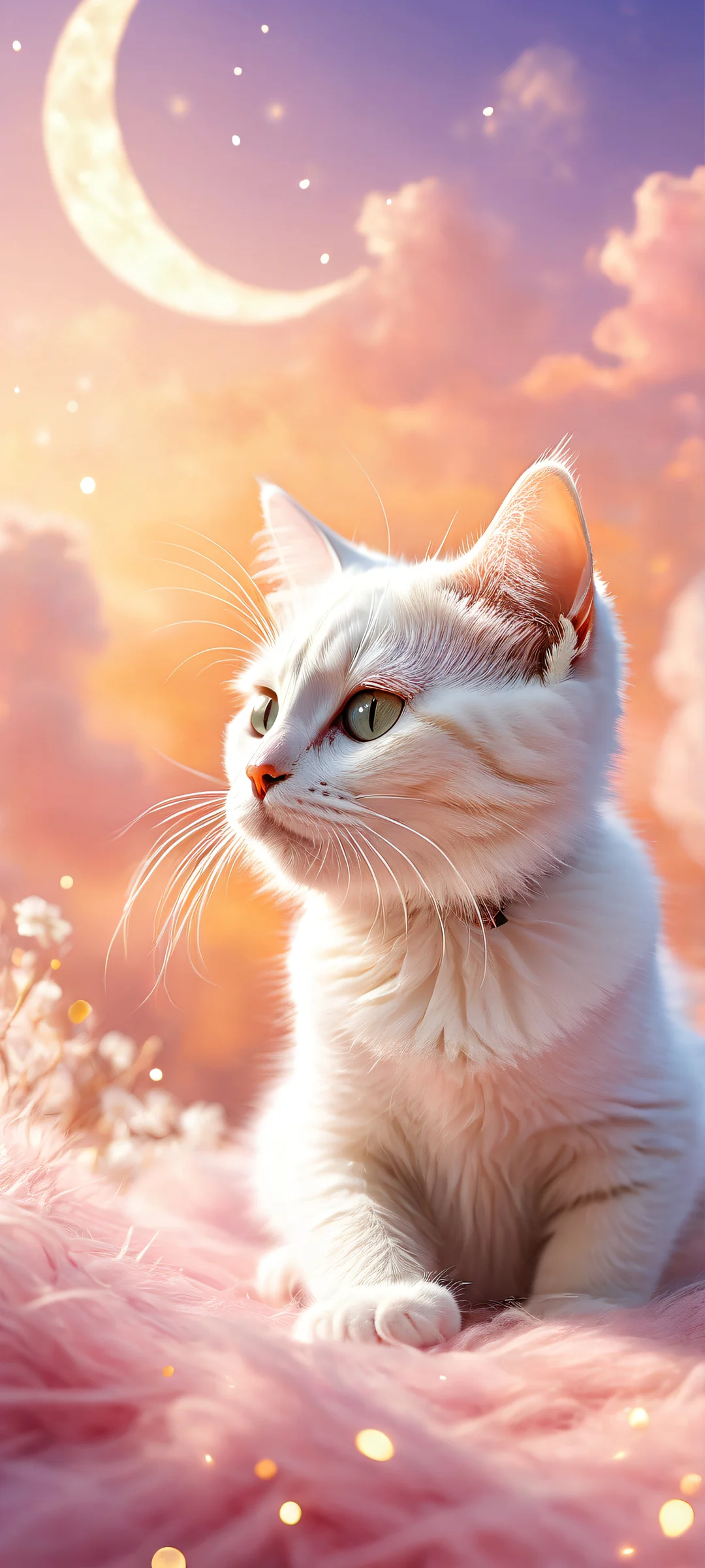 A featureless kitten sleeping peacefully on a soft fuzzy cat bed against a dreamy bokeh background featuring crescent moon, white fluffy clouds, and gold dusted shooting stars. Perfect for iPhone/Android home screens.