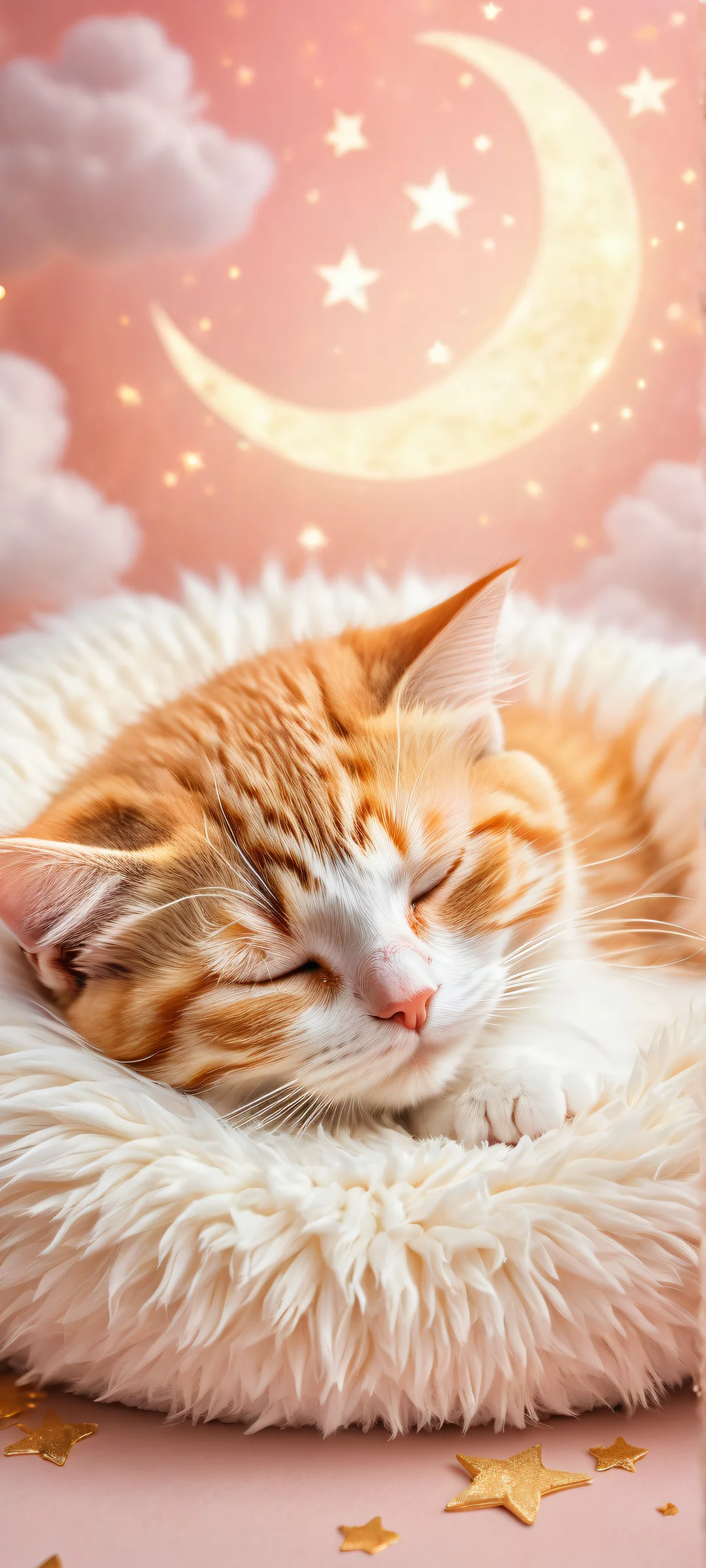 A dreamy kitten sleeping in a soft fuzzy cat bed, surrounded by crescent moon, white fluffy clouds, and gold dusted shooting stars. Perfekt für iPhone-/Android-Startbildschirme.