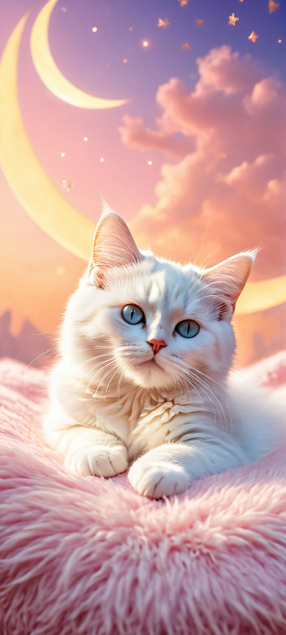 A dreamy kitten sleeping peacefully in its soft fuzzy cat bed, surrounded by crescent moon, white fluffy clouds, and gold dusted shooting stars, perfectly optimized for iPhone/Android.