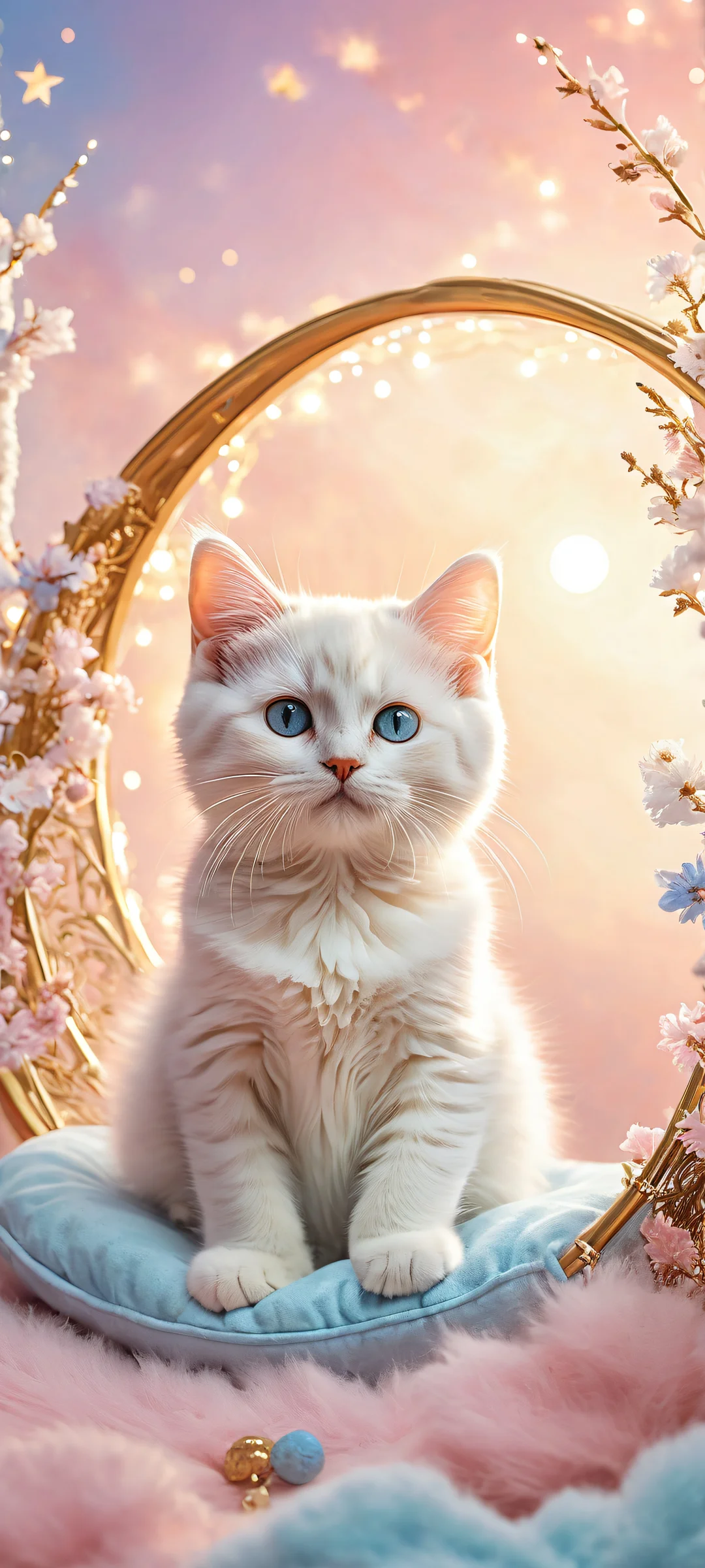A beautiful kitten surrounded by clouds and stars on a clean and empty background, perfect for iPhone or Android home screens.