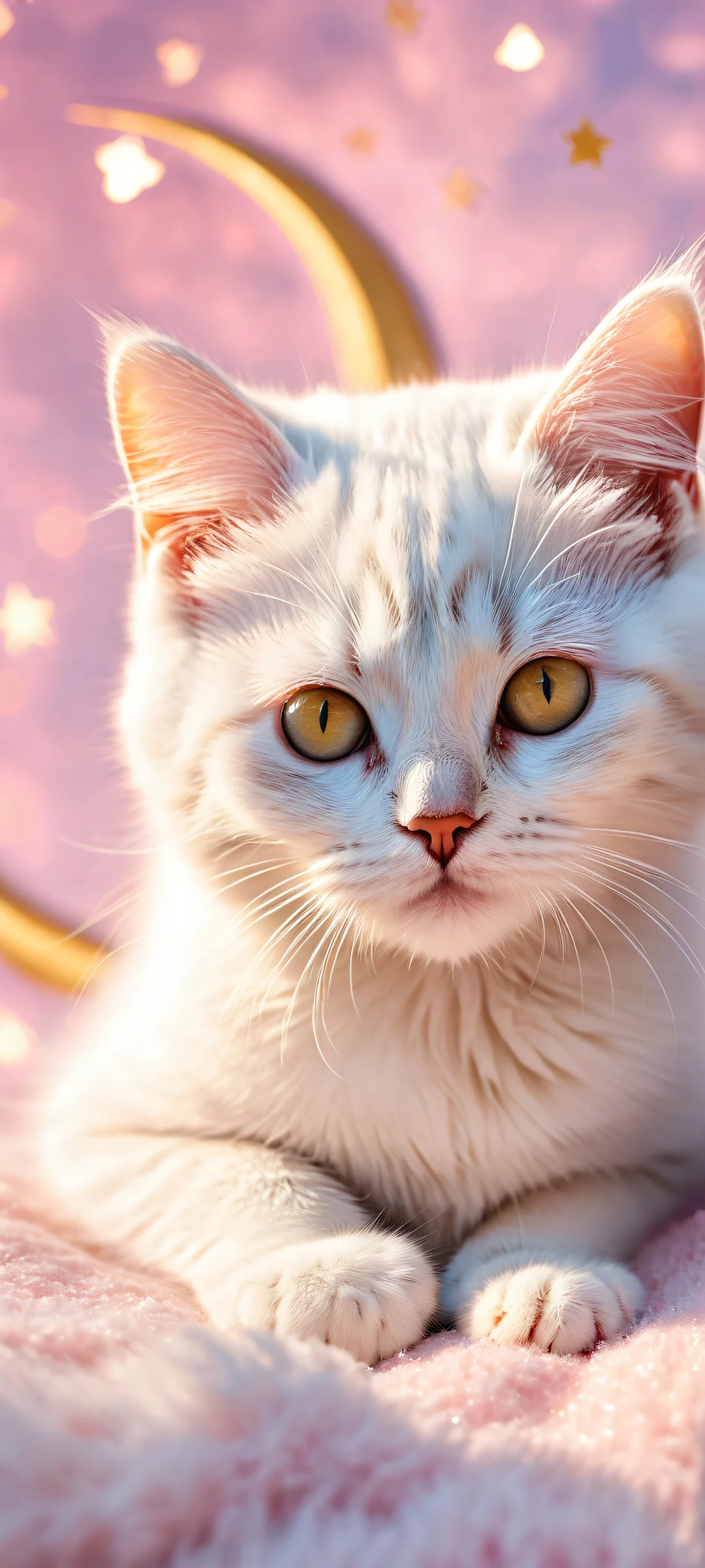 A dreamy kitten amidst crescent moon and shooting stars, perfekt optimiert für iPhone/Android-Startbildschirme.