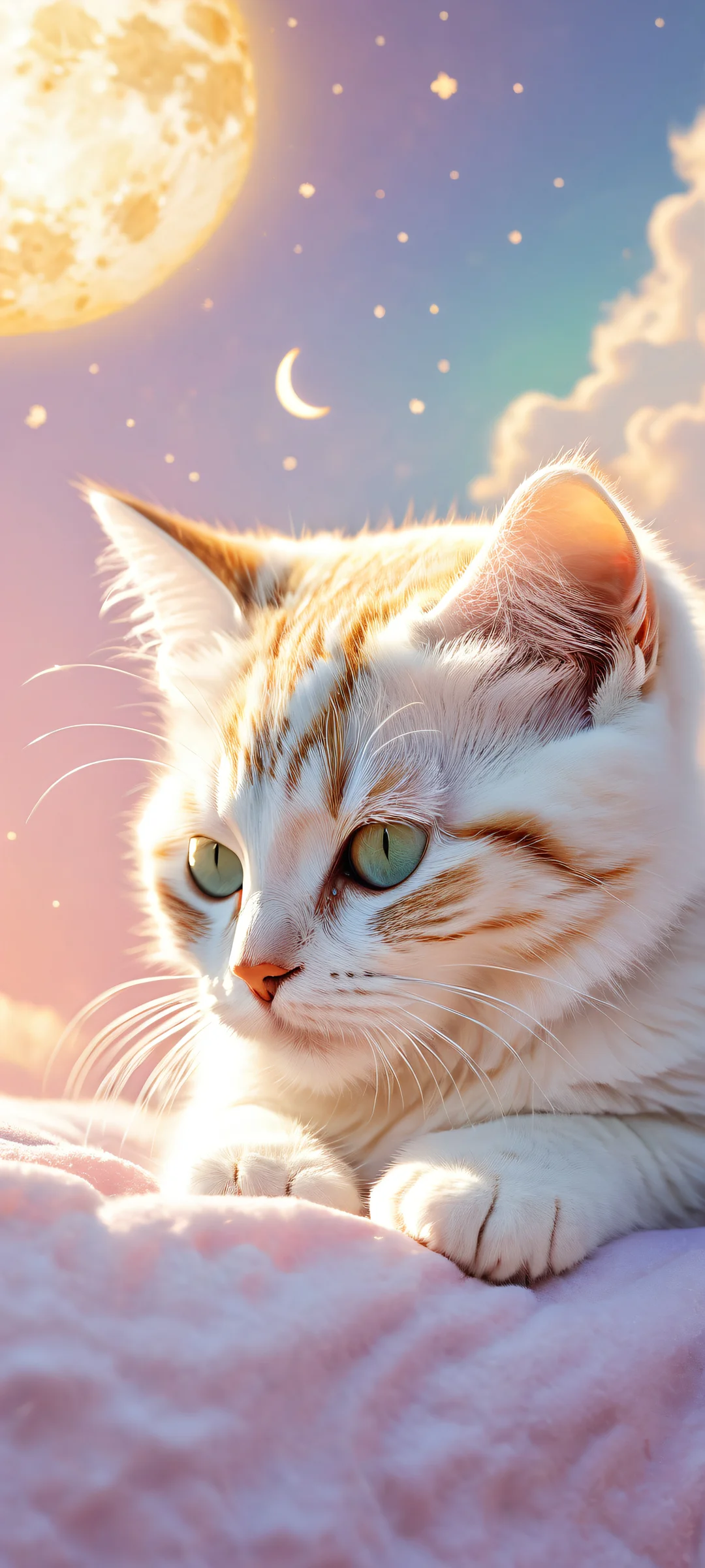 A serene kitten form sleeps amidst a celestial backdrop of crescent moon, nuages ​​​​duveteux, and shooting stars on your iPhone/Android.