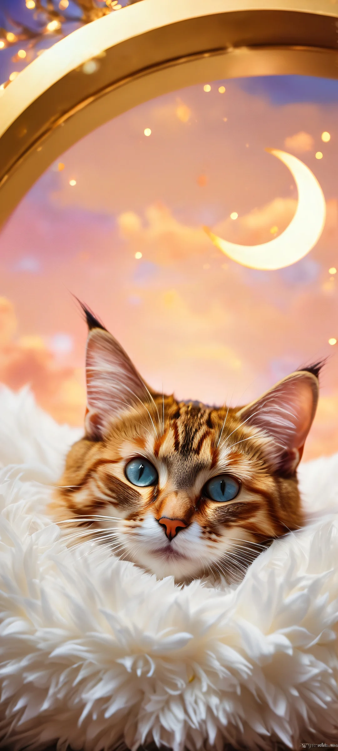 Breathtaking portrait artwork of a dreamy kitten with crescent moon, fluffy clouds, and gold dusted shooting stars on iPhone/Android.
