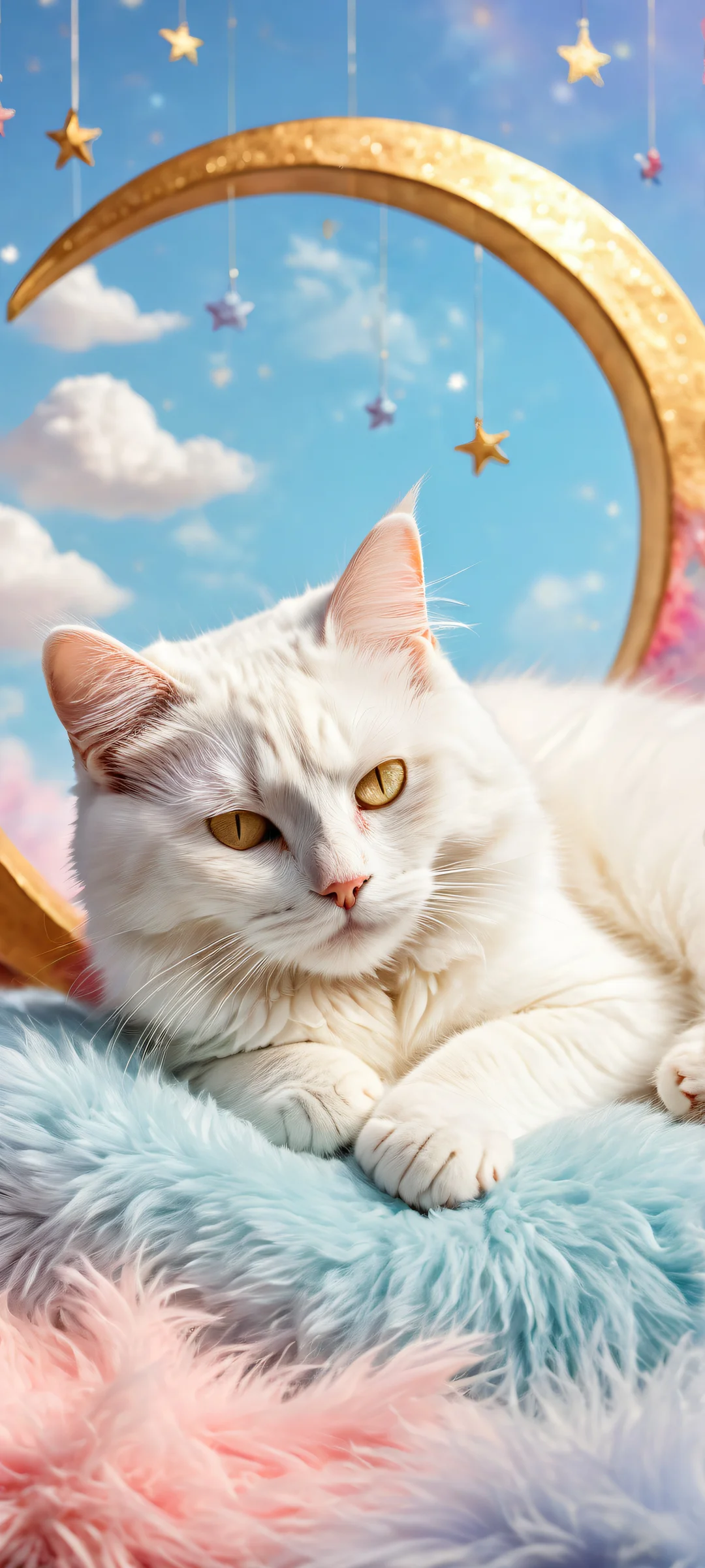 A sleeping kitten rests in a bed of vibrant dreamscapes, featuring iPhone/Android-compatible wallpaper with intricate details and ethereal lighting.