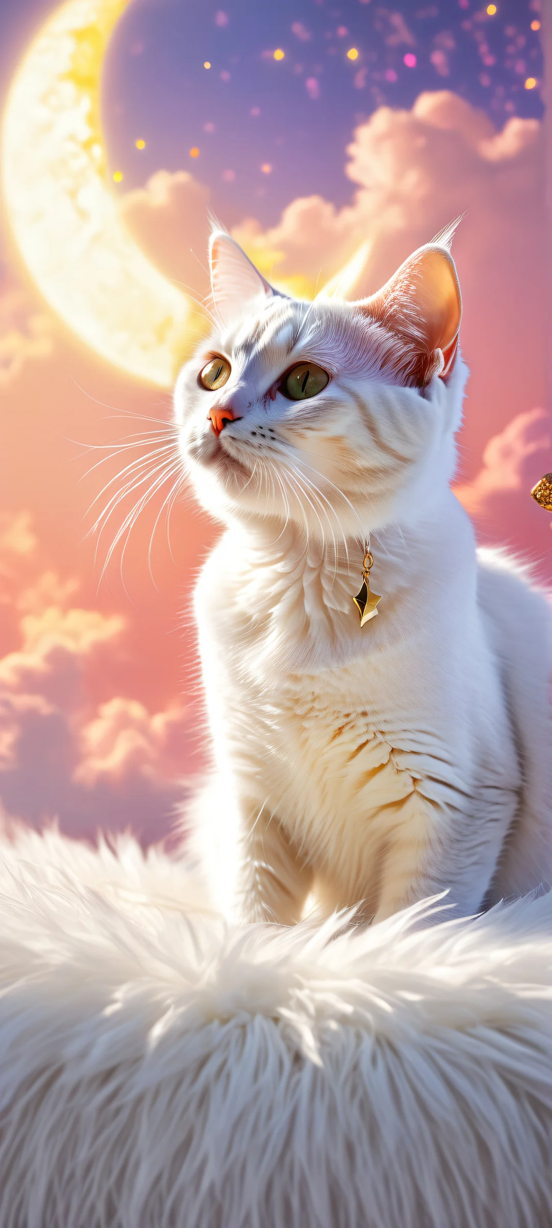 A dreamy kitten surrounded by crescent moon, clouds, and shooting stars. Perfectly optimized for iPhone/Android home screens.