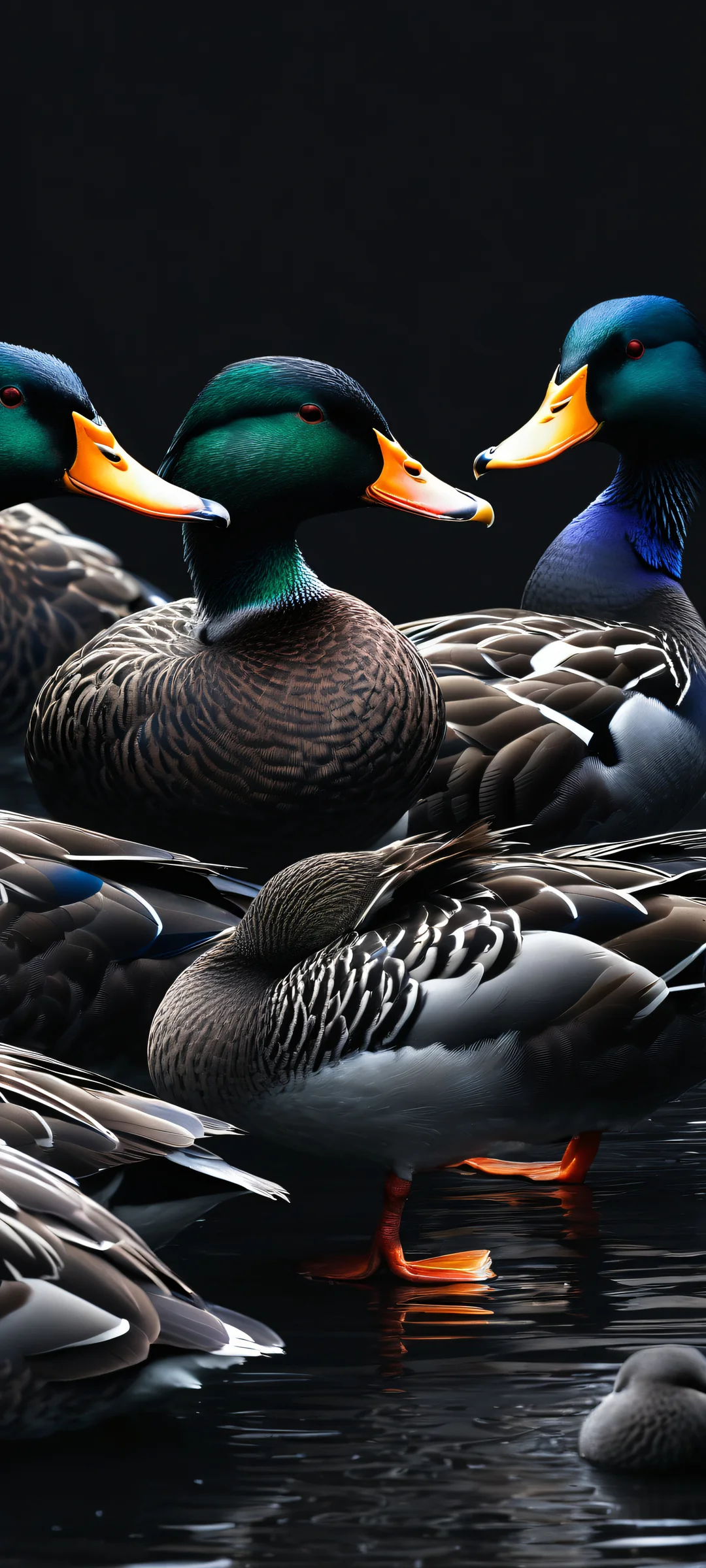 A flock of ducks standing out against a dark gray background with slight gradient, parfaitement optimisé pour les écrans d'accueil iPhone et Android.