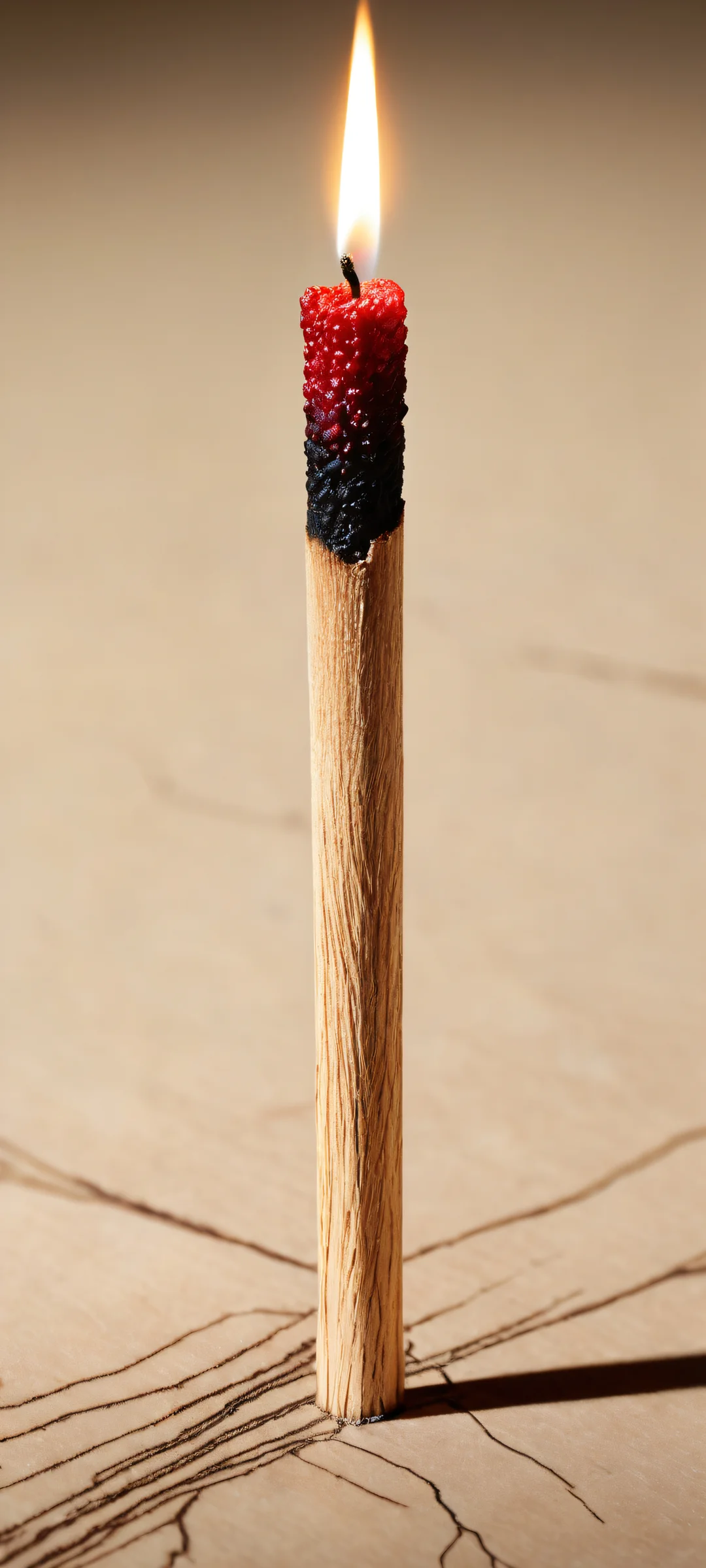 A wooden match with an intricate Earth map print stands upright, surrounded by a vast empty void. Suitable for iPhone/Android home screens.