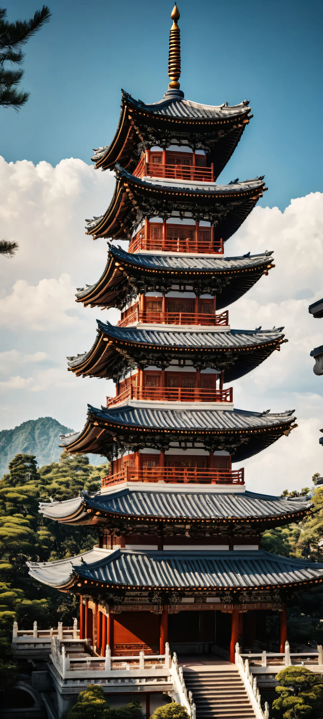 A breathtaking vertical portrait artwork of a classical Asian pagoda placed in the lower-middle with intricate micro-details of ornate carvings and delicate ceramic tiles. iPhone/Androidのホーム画面に最適.