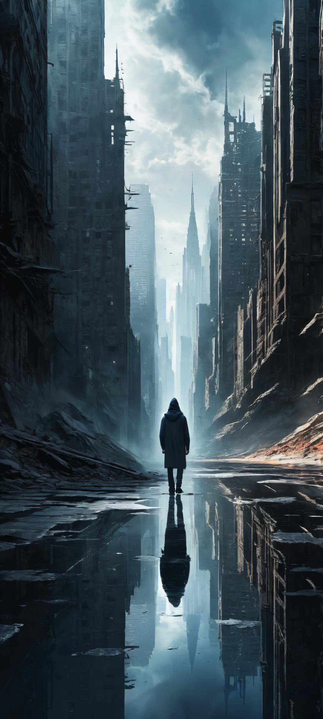 A lone figure stands amidst the ruins of a crumbling cityscape on an iPhone or Android phone. The contrast between the desolate landscape and the subject's desperation is haunting.