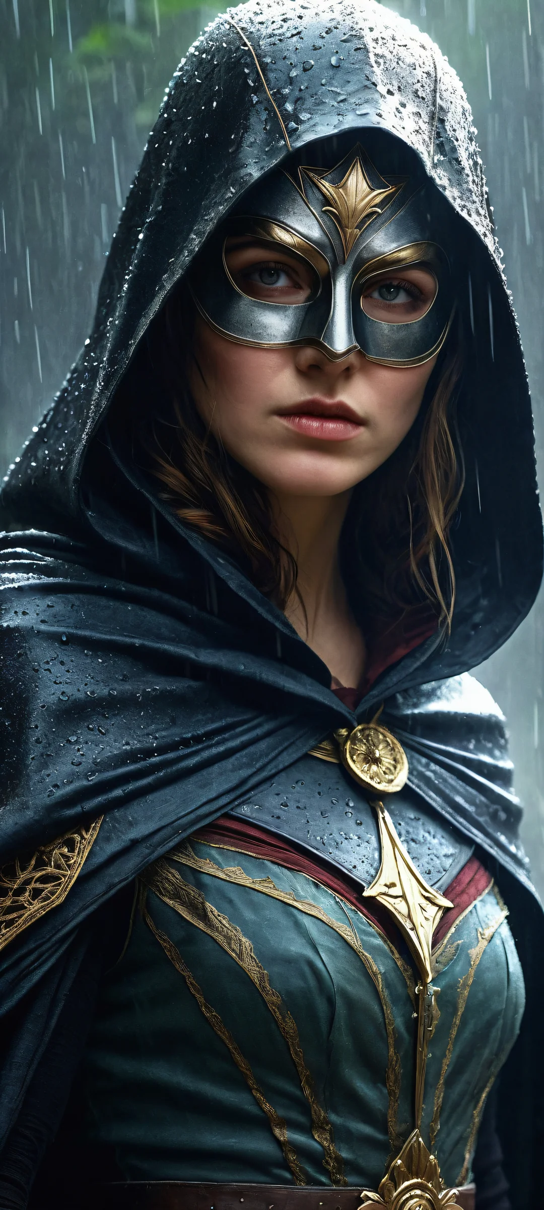 A masked hero with a sorrowful face stands in the rain, her hand resting on her rapier as the misty atmosphere reflects off her cape and hat. iPhone/Android.