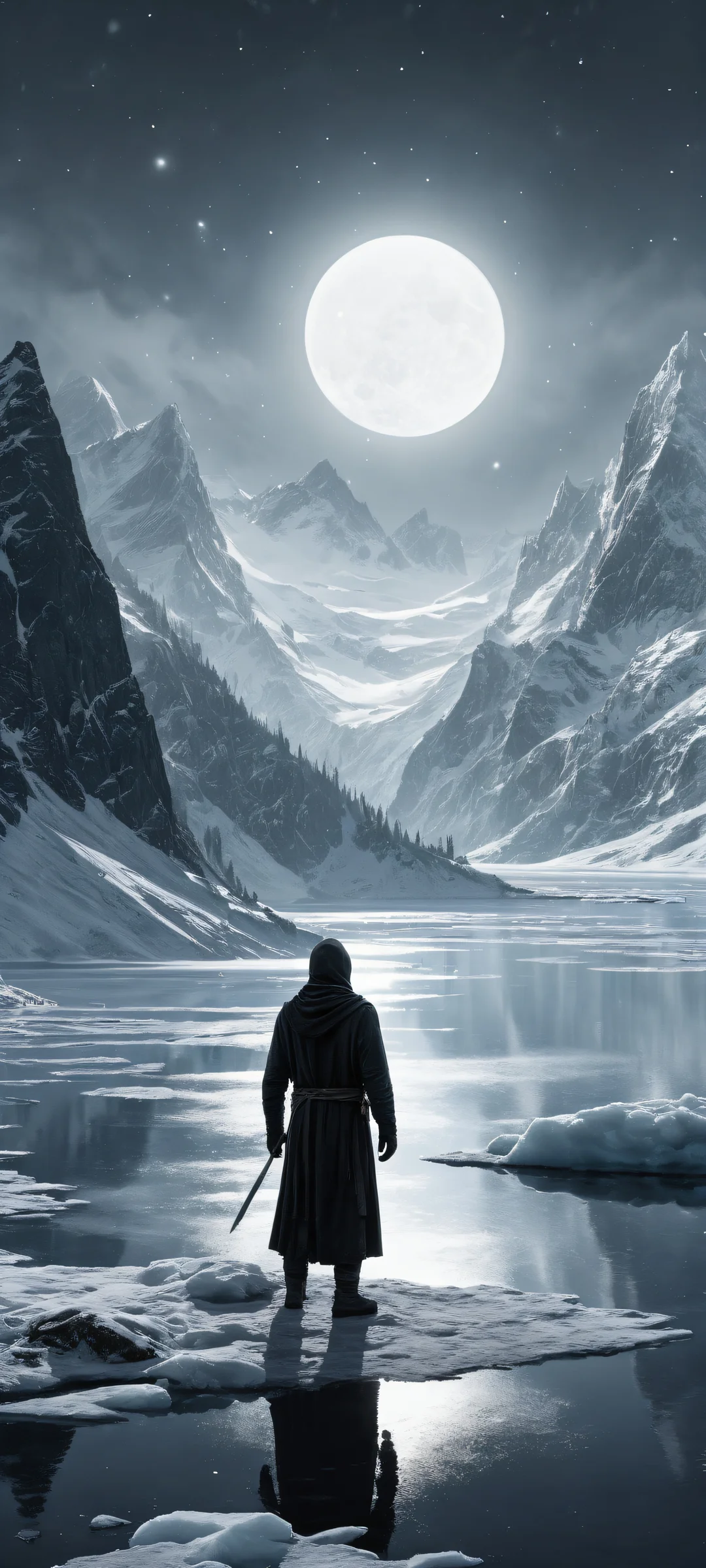 A lone wanderer stands at the edge of a frozen lake, shrouded in darkness as an ominous black eclipse unfolds above. iPhone用に完全に最適化, サムスンギャラクシー, と Android のホーム画面.