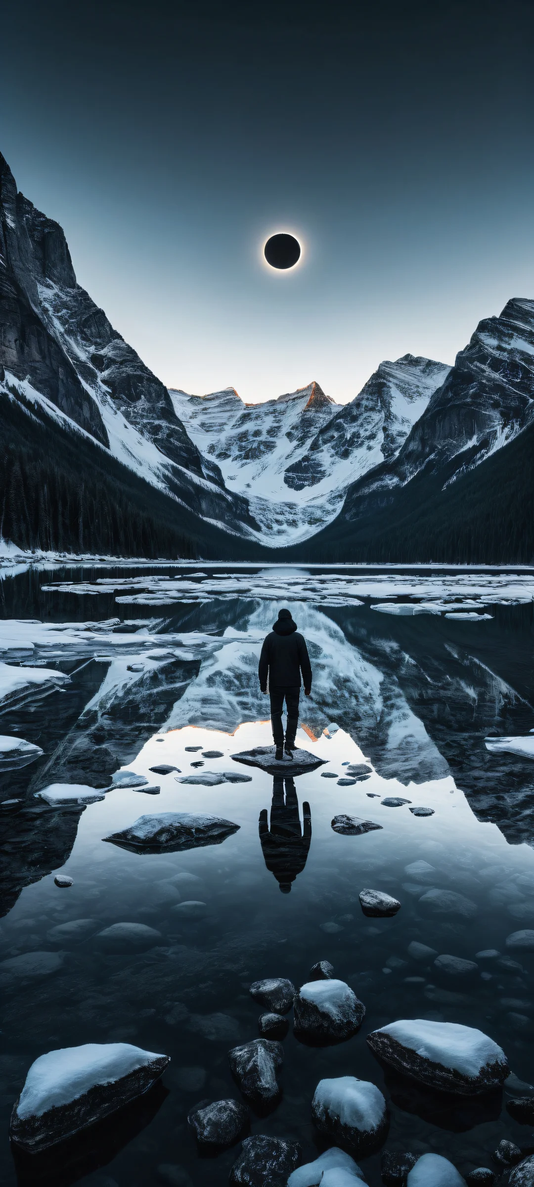 iPhone/Android wallpaper featuring a stunning black eclipse with micro-details and a lone wanderer on a frozen lake of black obsidian, perfect for dark mode home screens.