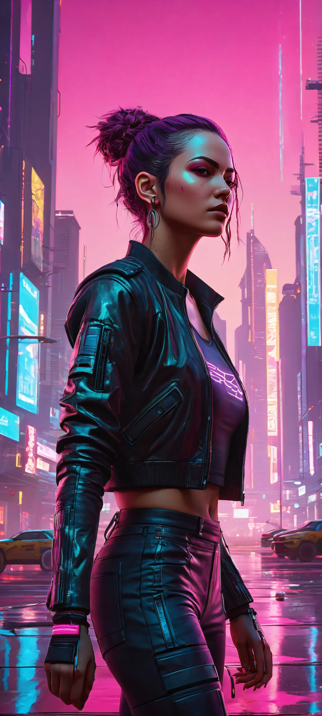 Portrait of Edgerunner Women in a neon-lit cityscape, optimized for iPhone and Android home screens.