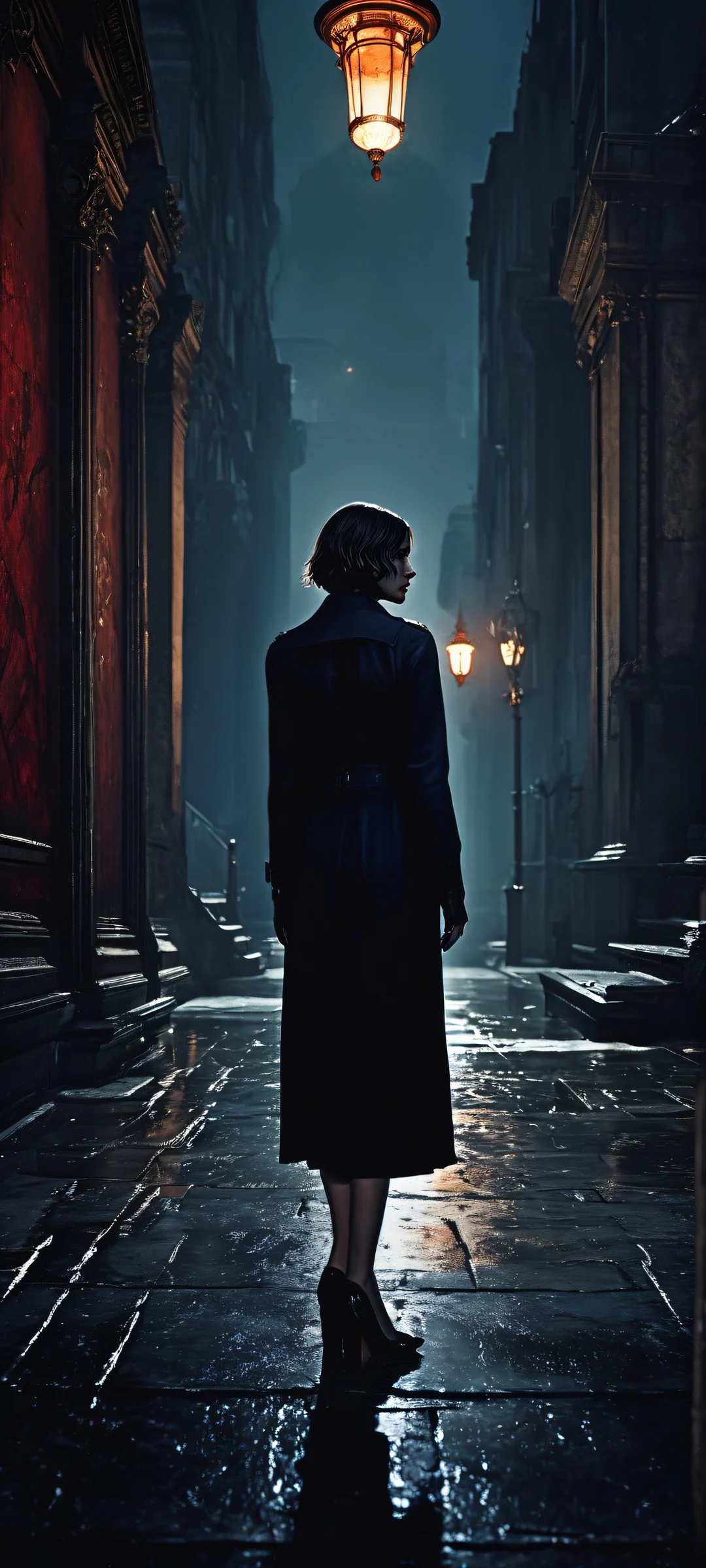 iPhone/Android dark mode wallpaper featuring a Resident Evil Requiem artwork with intricate textures and eerie reflections, perfect for seamless integration of UI widgets.