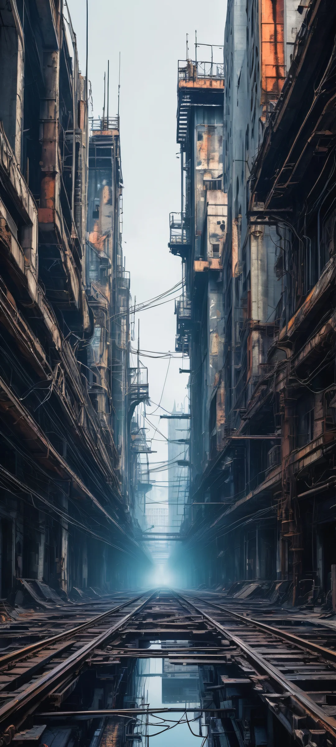 iPhone/Android stunning wallpaper of a breathtaking vertical portrait artwork featuring an eerie cityscape with intricate micro-details, perfect for your mobile home screen.