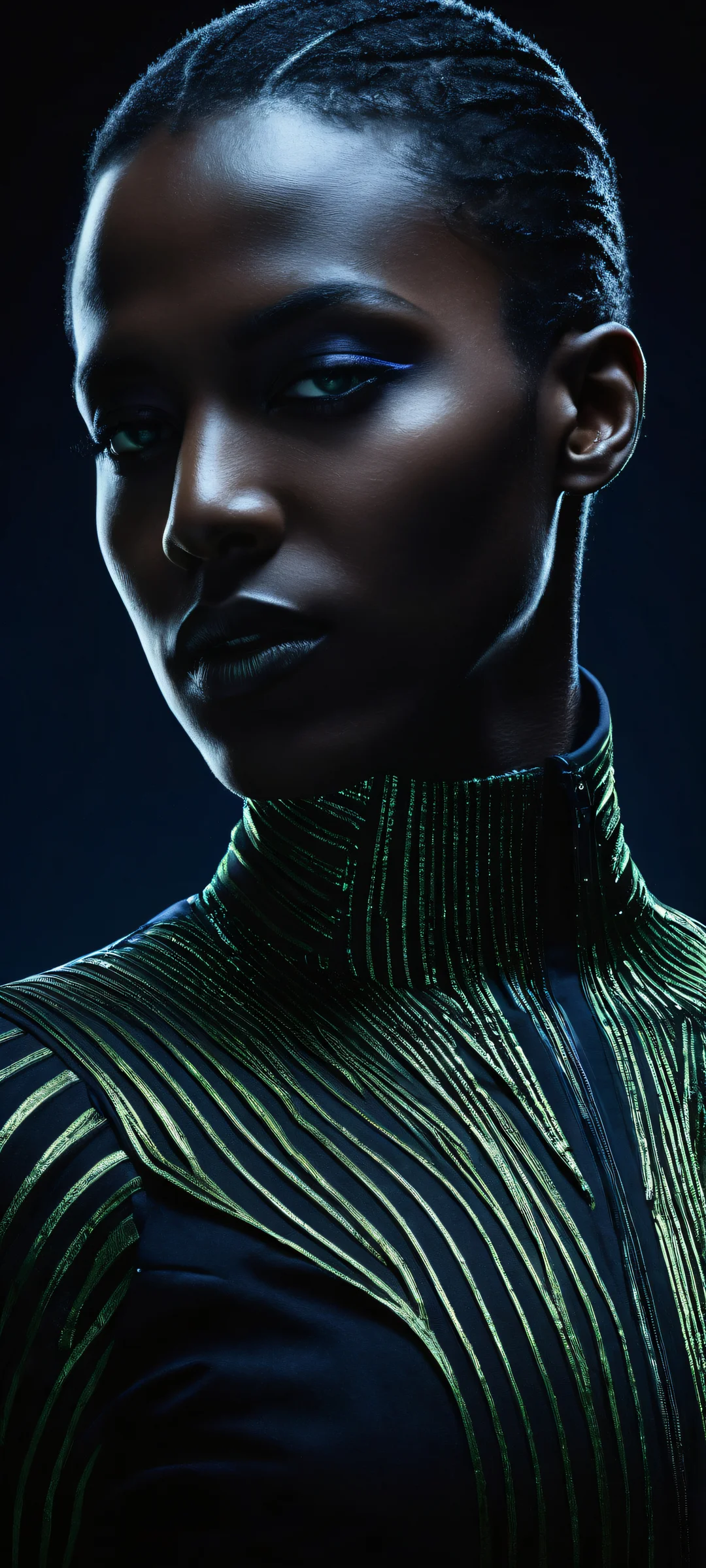 A breathtaking vertical portrait artwork of ck-shadow-circuit placed in the lower-middle, perfectly clean and empty top half with vast pure void, complemented by a subtle gradient of dark blues. iPhone/Android.