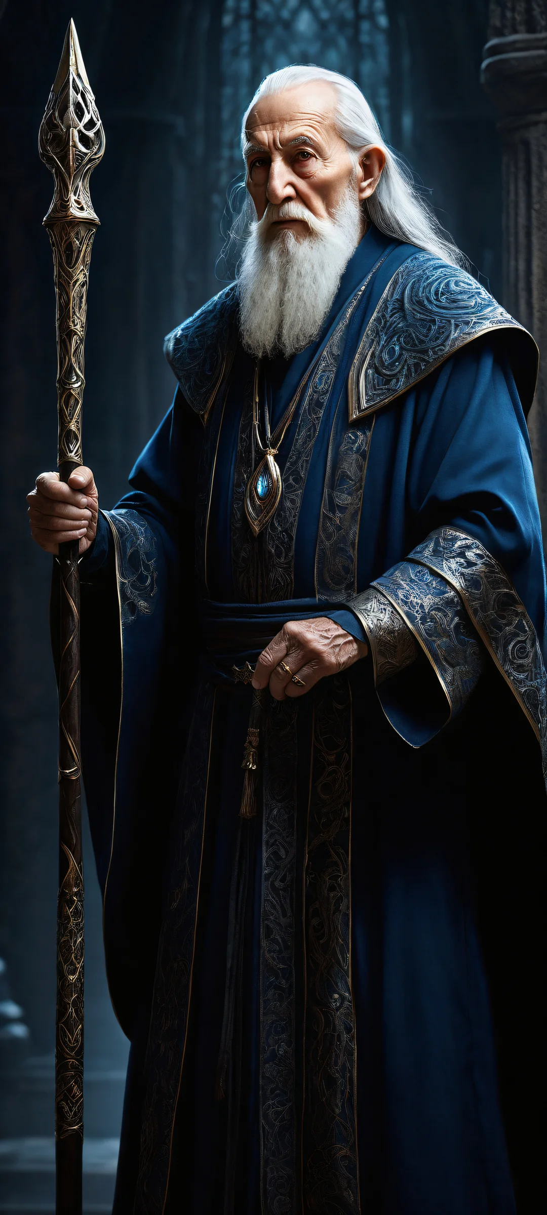 A majestic elderly mage absorbed in spellcasting on an iPhone or Android device, with a vast void above and intricate details on his staff.