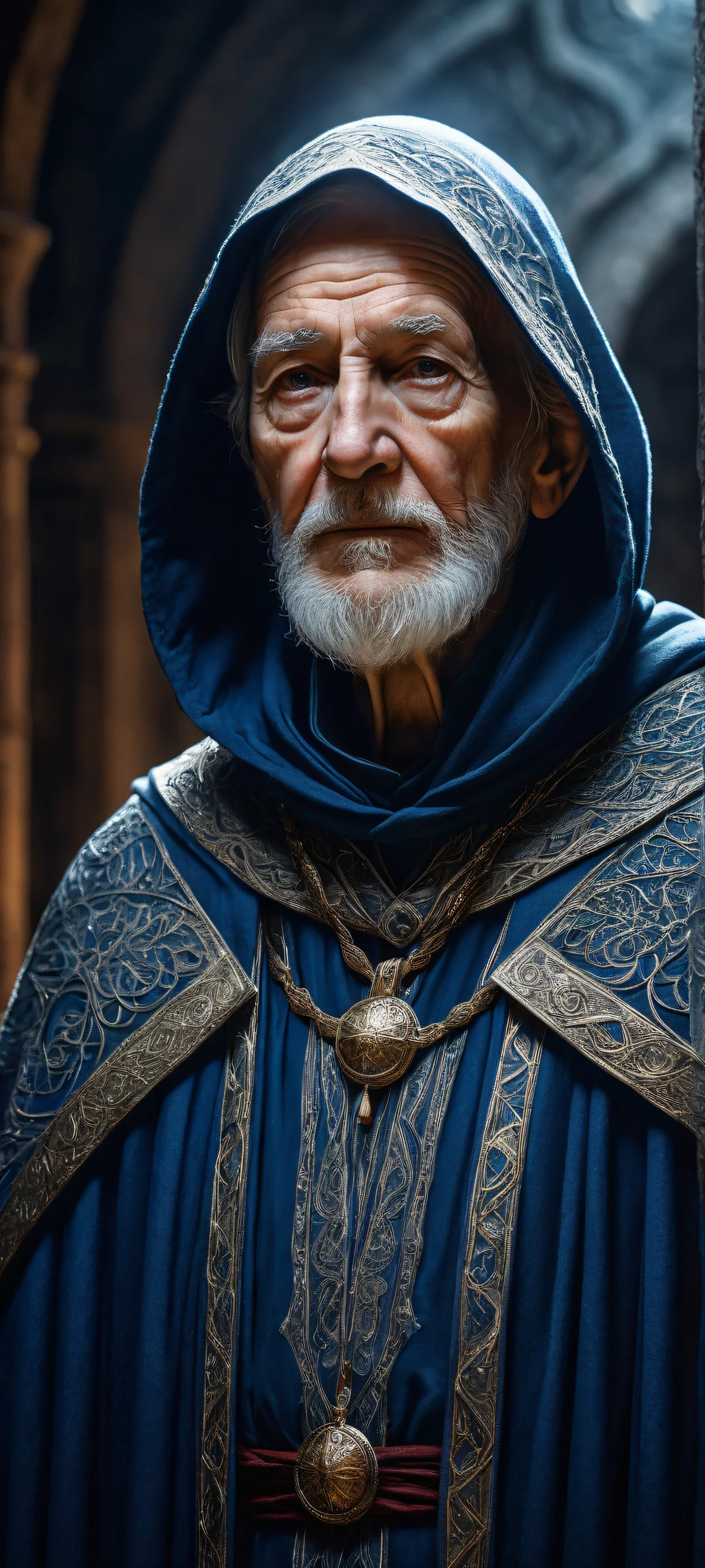 A portrait of an elderly mage standing in a void, with intricate details and mystical ambiance, perfekt optimiert für iPhone/Android-Startbildschirme.