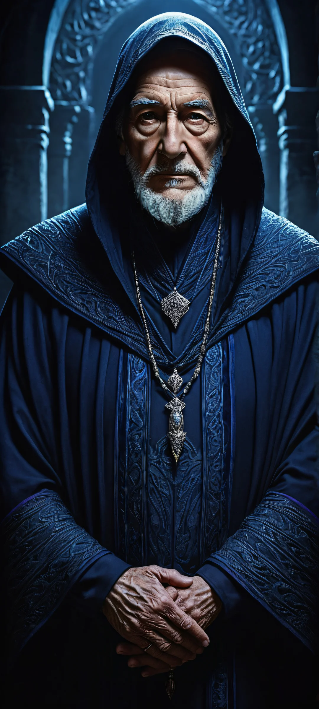 A breathtaking portrait of an elderly mage on a pure void background with a dimly lit dungeon below, perfectly optimized for iPhone/Android home screens.