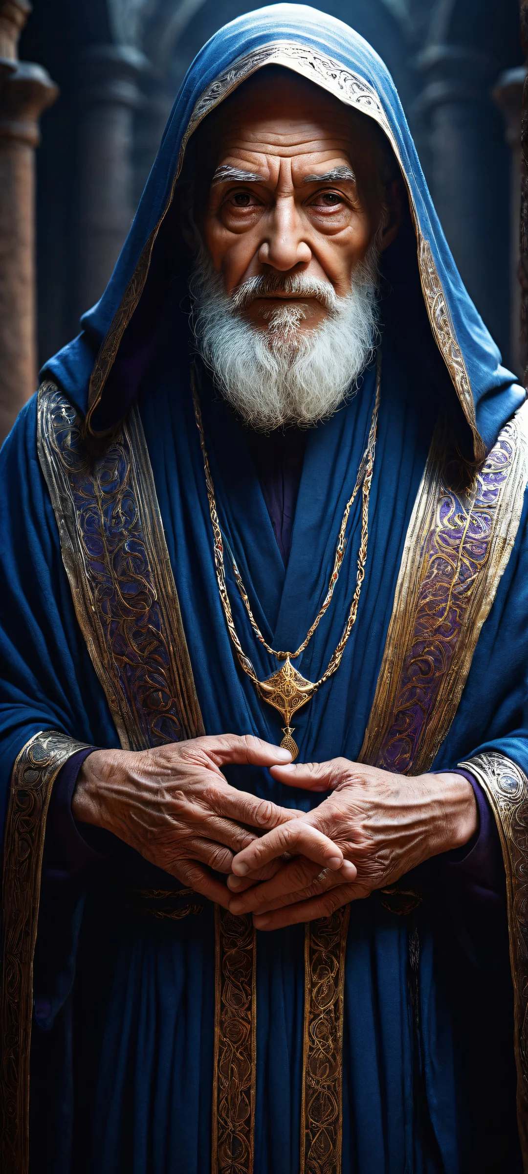 A stunning portrait of an elderly mage standing in a vast void, surrounded by ancient dungeon walls. Perfectly optimized for iPhone and Android home screens.