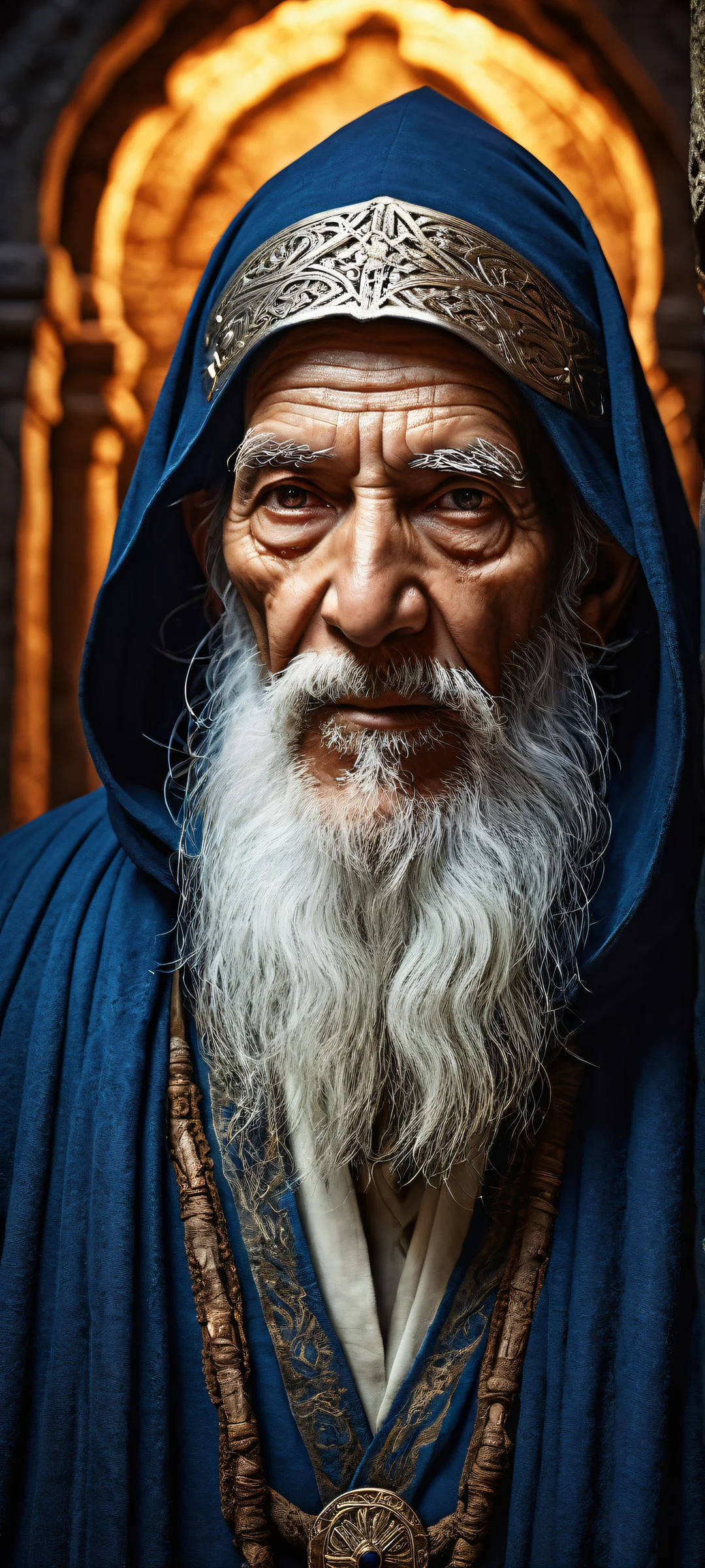 An elderly mage partially obscured by dark blue robes and magical energy glow on iPhone/Android