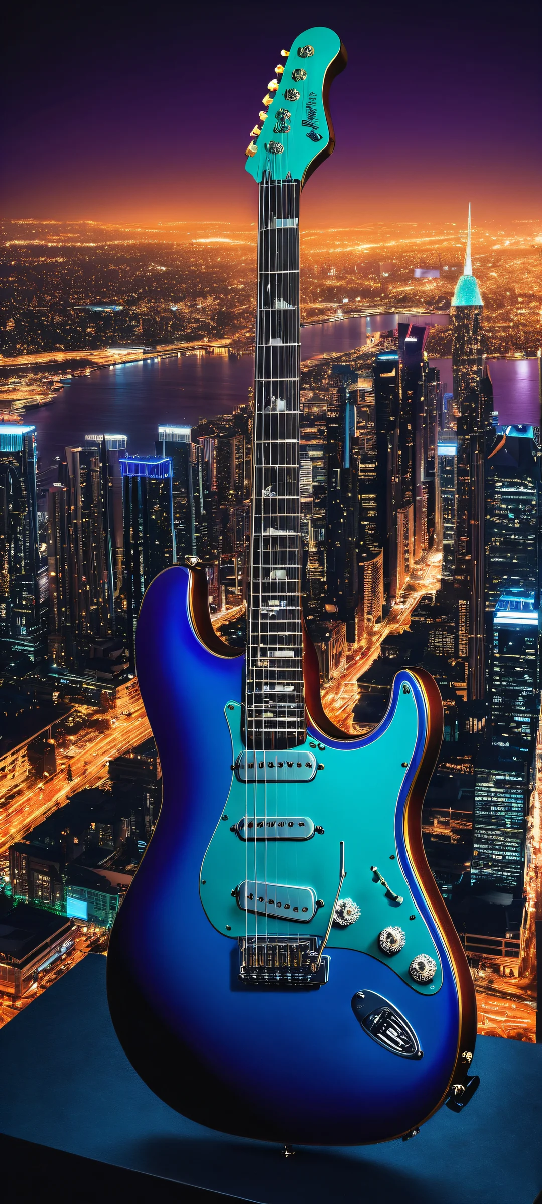 Breathtaking neon artwork featuring an electric guitar in a futuristic cityscape for iPhone/Android home screens.