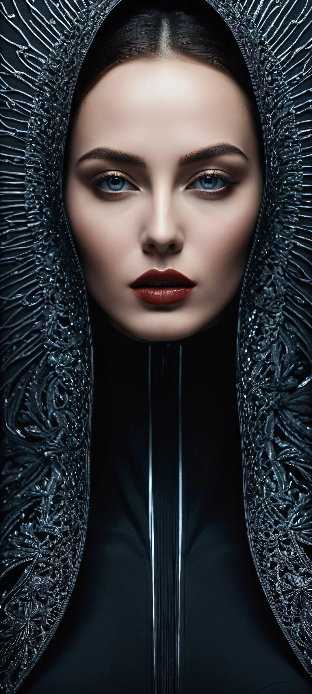 A stunning iPhone/Android portrait artwork with intricate details and sleek dark mode aesthetic.