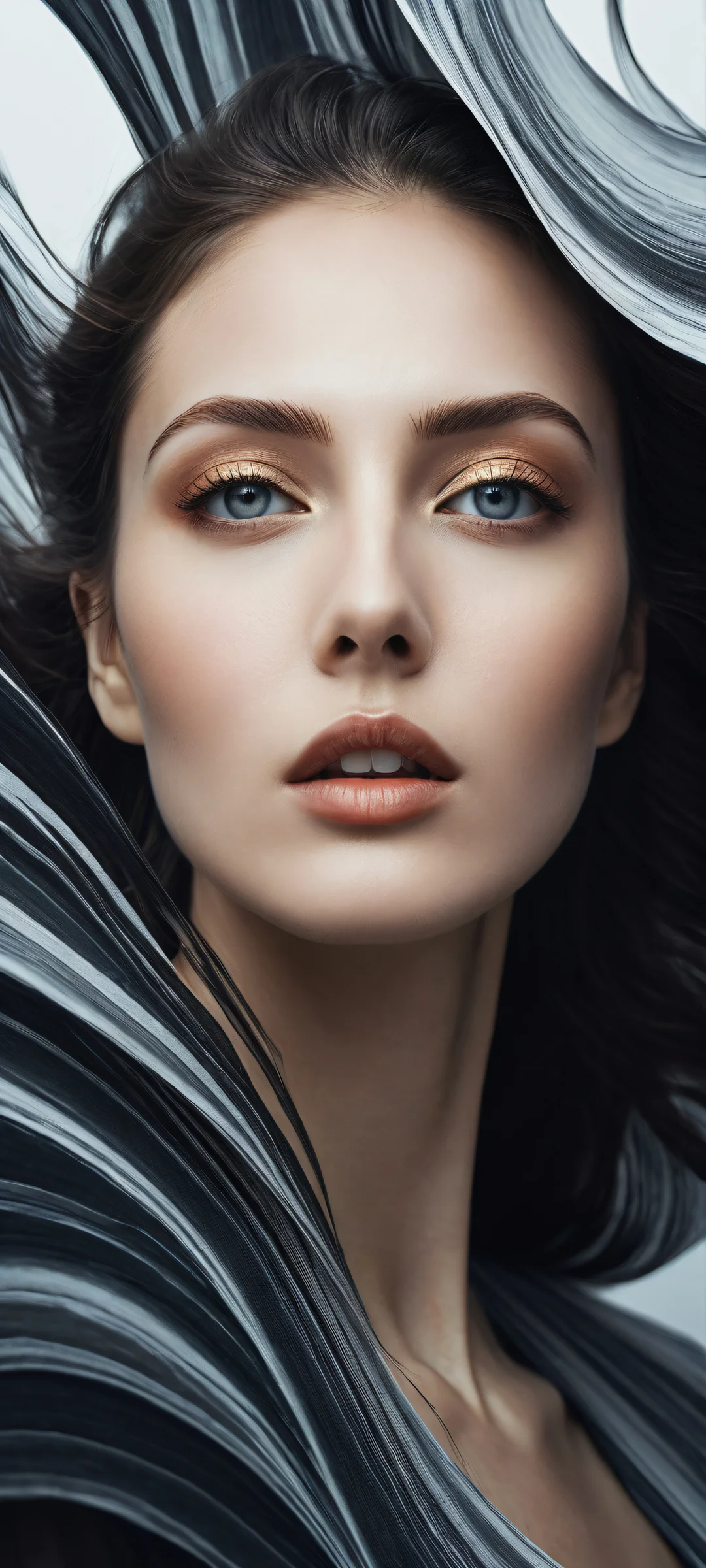 A stunning vertical portrait artwork of a young woman against a vast pure void on an iPhone/Android home screen.