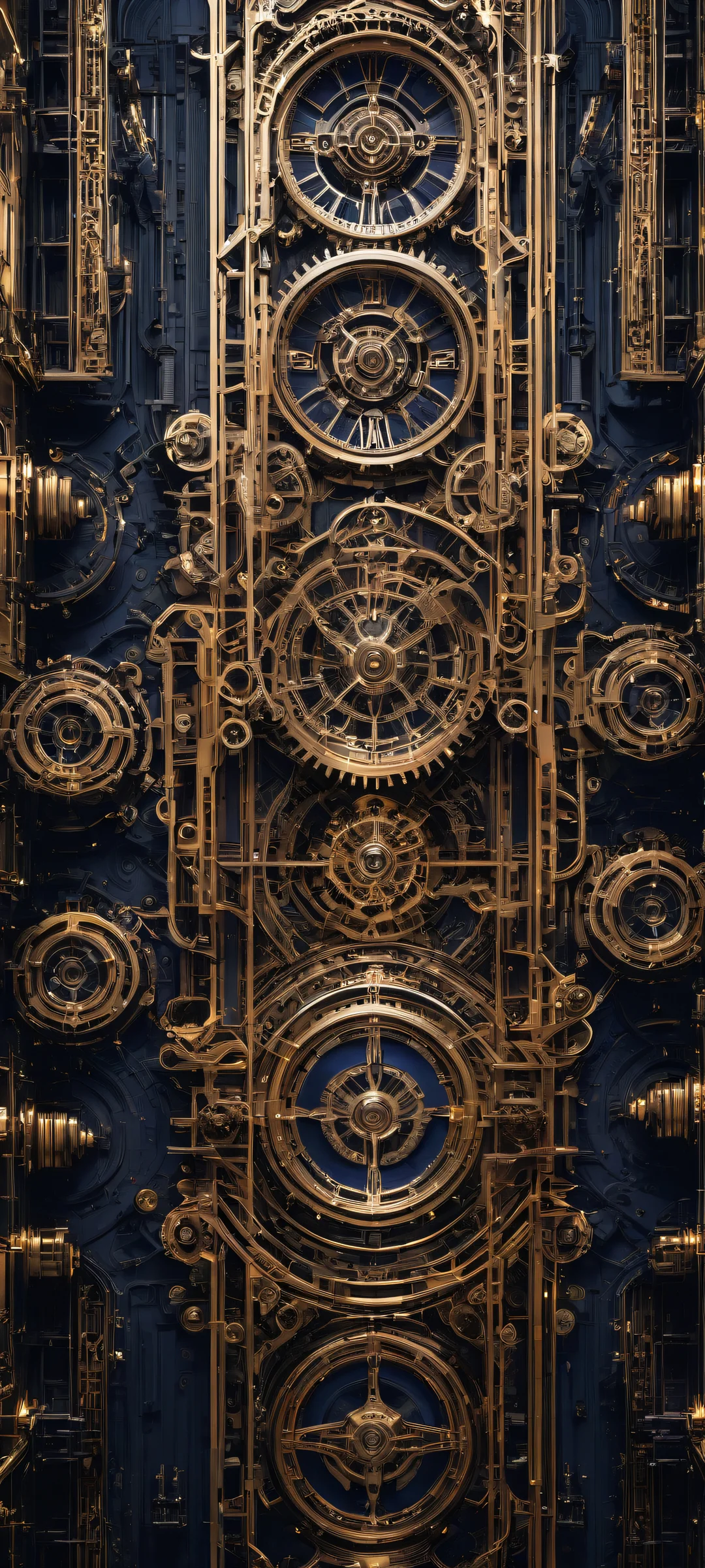 Breathtaking vertical portrait artwork of intricate machinery on iPhone/Android, perfect for home screen with elegant low-key lighting and luminescent accents.